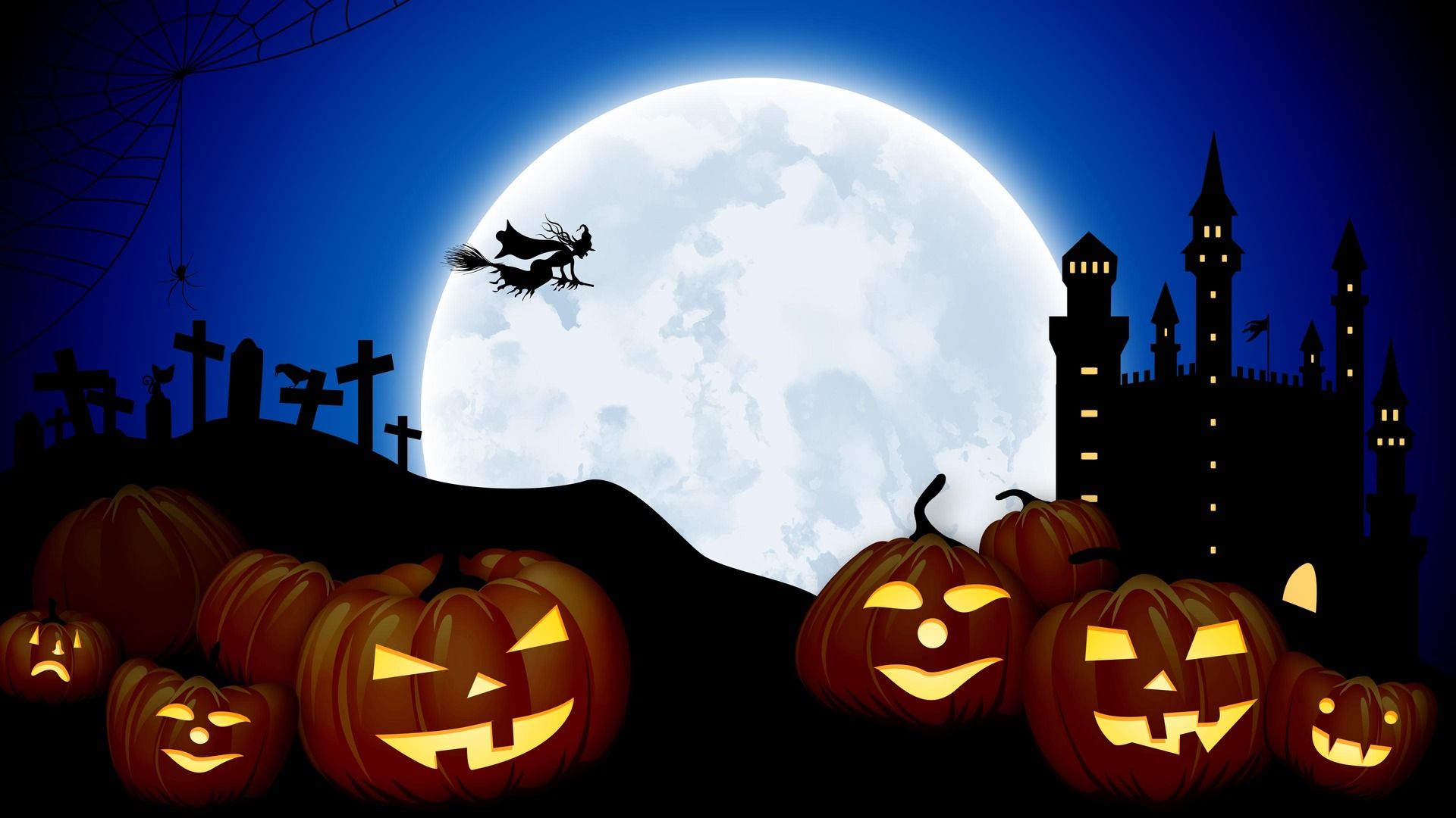 Zucche e strega luna piena, sfondi Halloween, 1920x1080 Full HD, PC