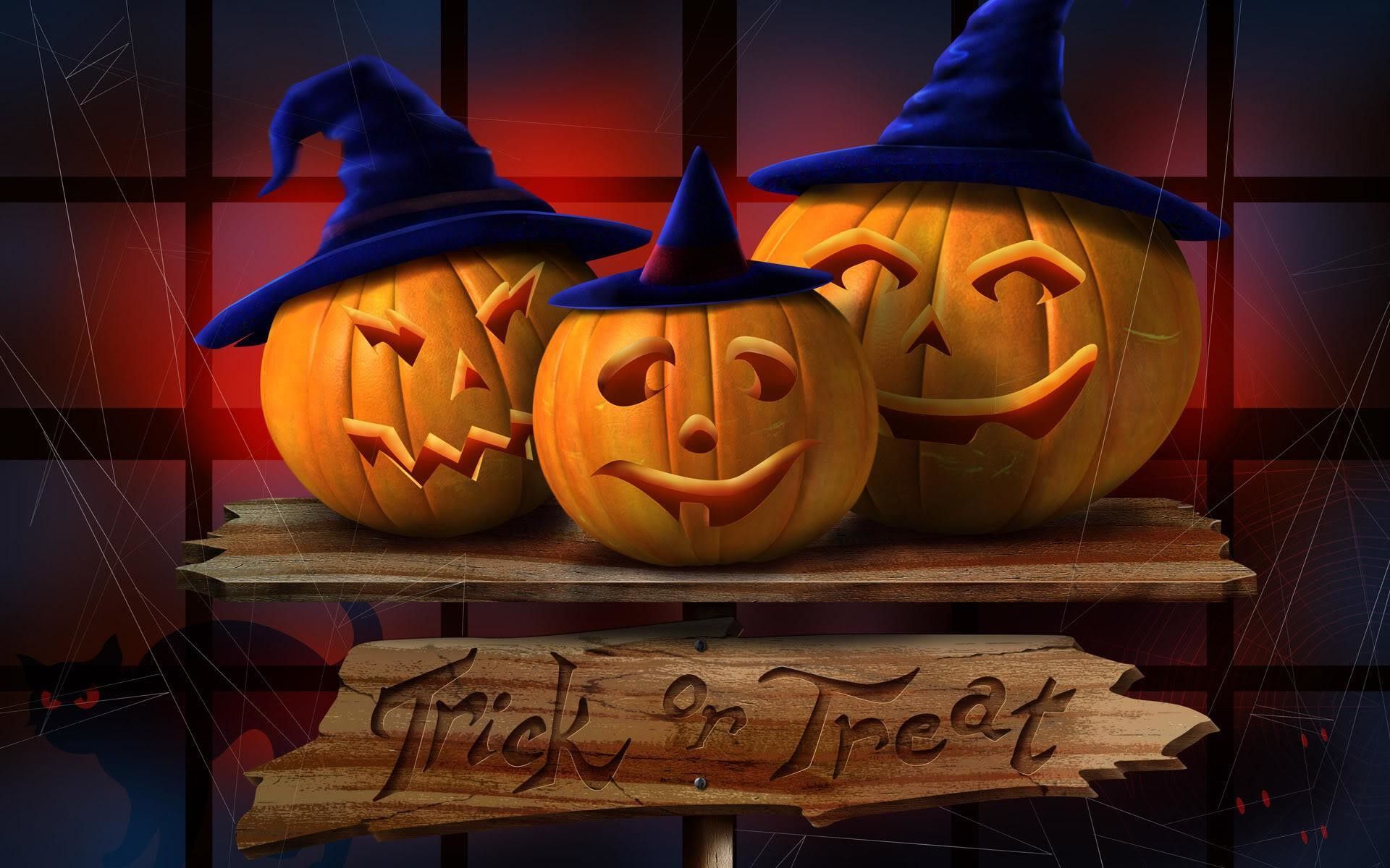 Zucche di Halloween con cappelli, sfondo 1920x1200 WUXGA, Laptop