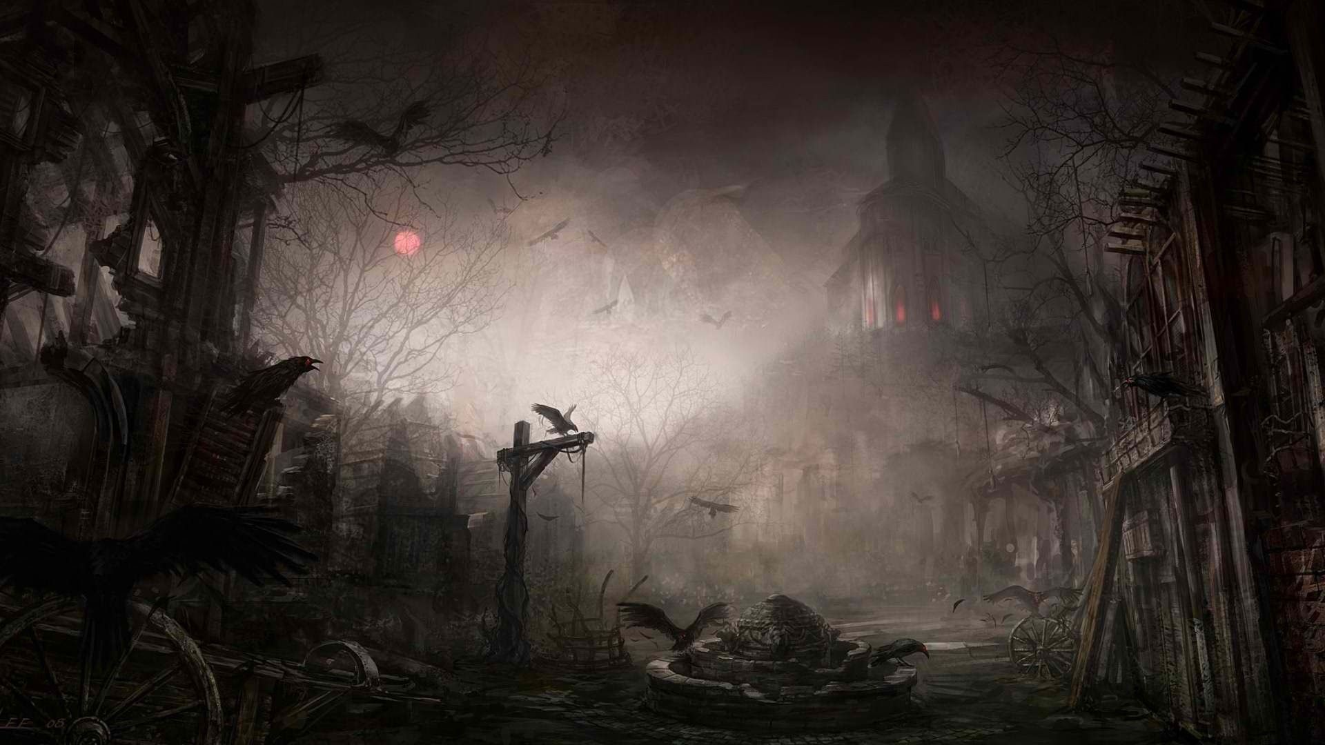 Villaggio spettrale nebbioso corvi, sfondi Halloween, 1920x1080 1080p, PC