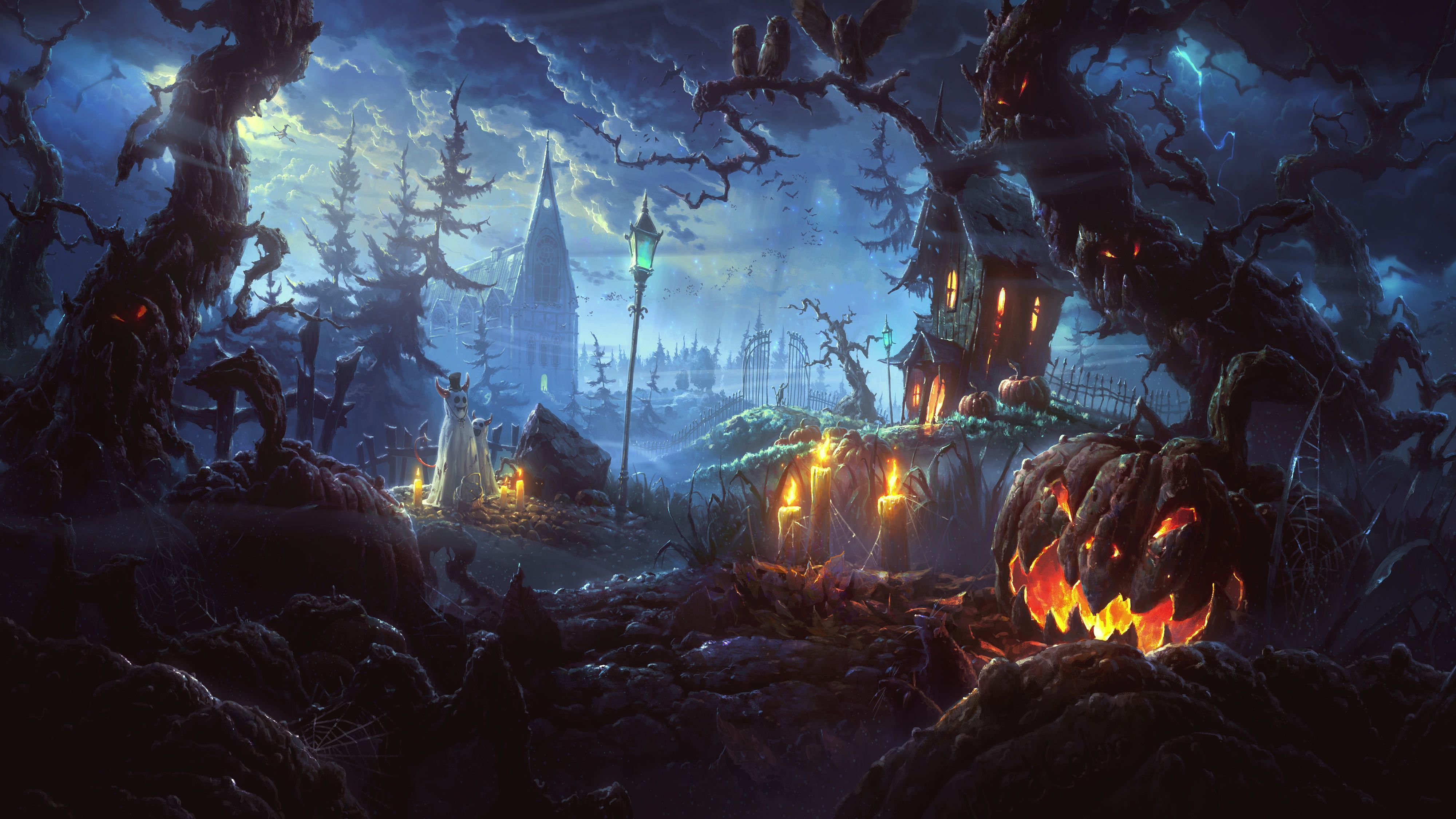 Foresta spettrale con zucca Jack-o'-lantern, sfondi Halloween, 4000x2250 4K Ultra HD, Monitor 4K