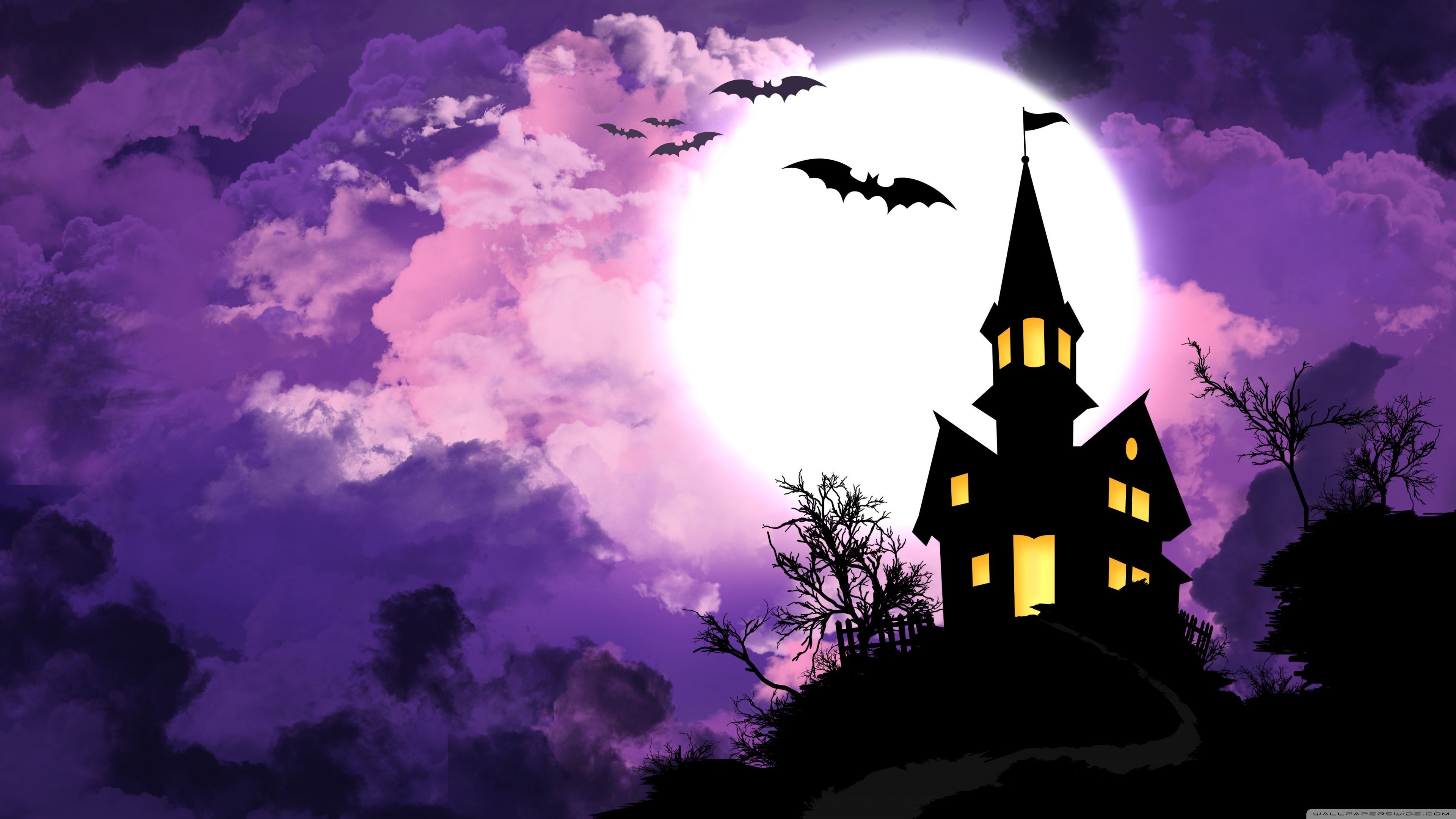 Castello stregato luna viola, sfondi Halloween, 3840x2160 UHD, Monitor 4K