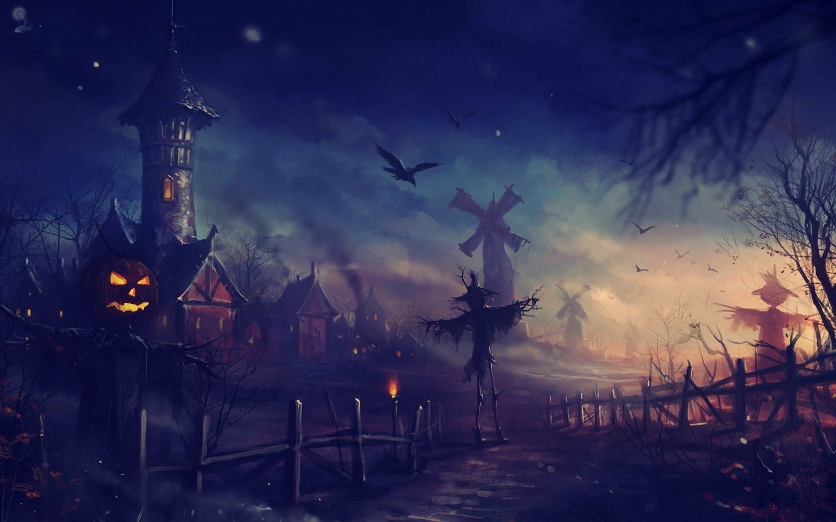 Villaggio spettrale con spaventapasseri, sfondi Halloween, 1680x1050 HD Ready, Laptop