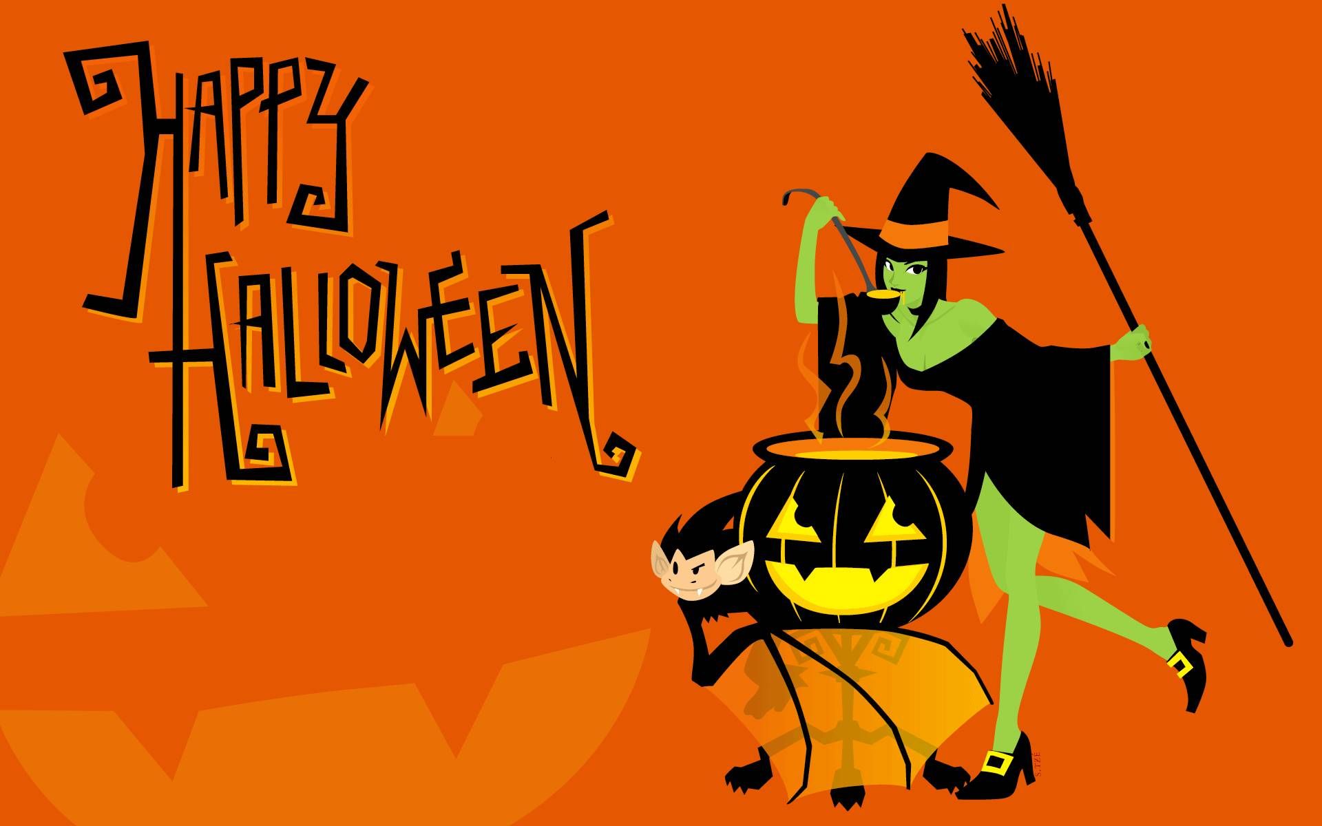 Strega e zucca cartoon arancione, sfondi Halloween, 1920x1200 Full HD+, Desktop