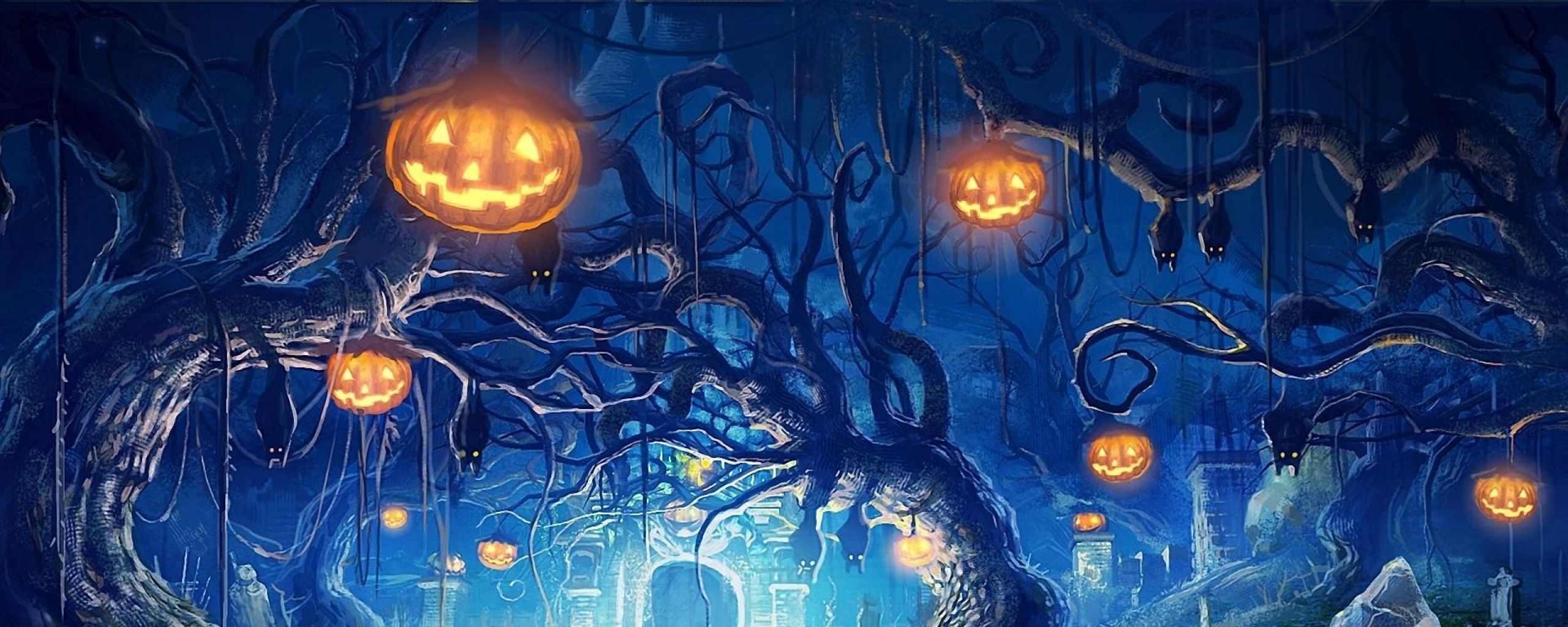 Zucche di Halloween albero spettrale, sfondi 2560x1024 21:9, Ultrawide