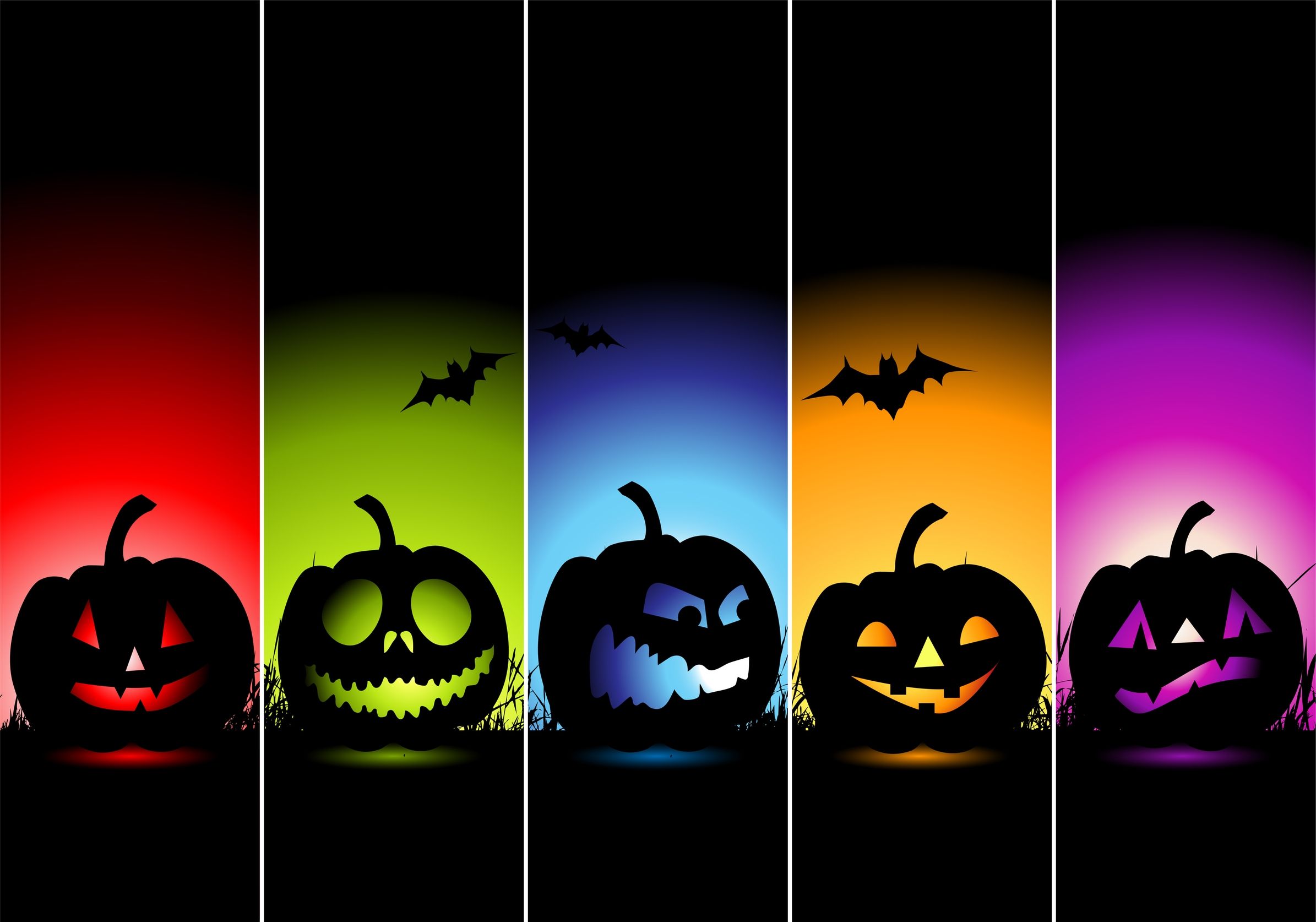 Zucche Jack-o'-lantern colorate Halloween, sfondo 2390x1674 Hi-Res, PC