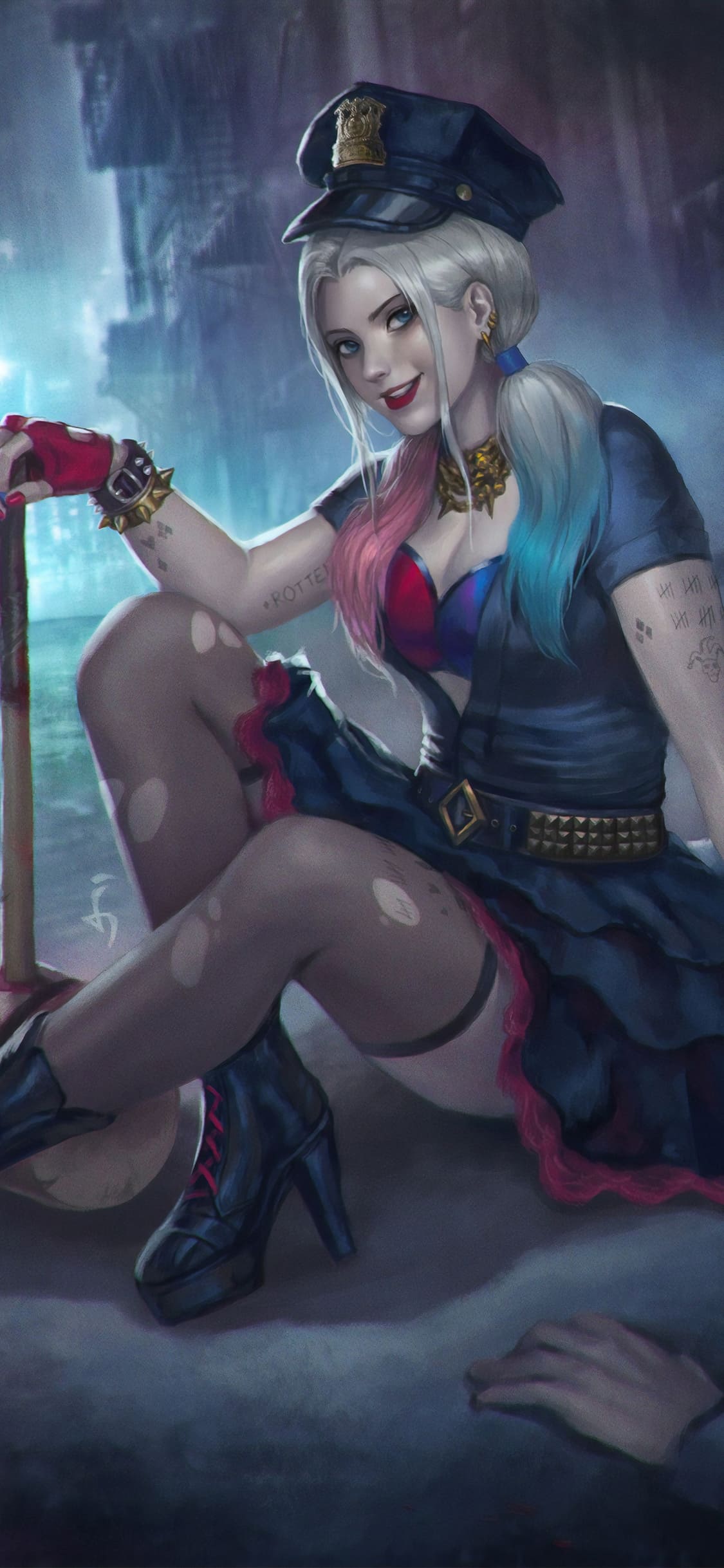 Harley Quinn poliziotta seduta, 1125x2436 Full HD Verticale, Smartphone