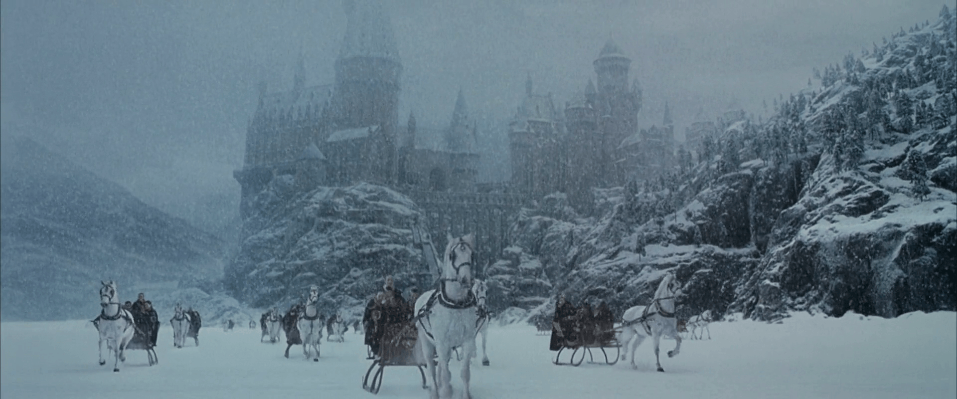 Hogwarts castello inverno carrozze, 1920x800 21:9, Ultrawide