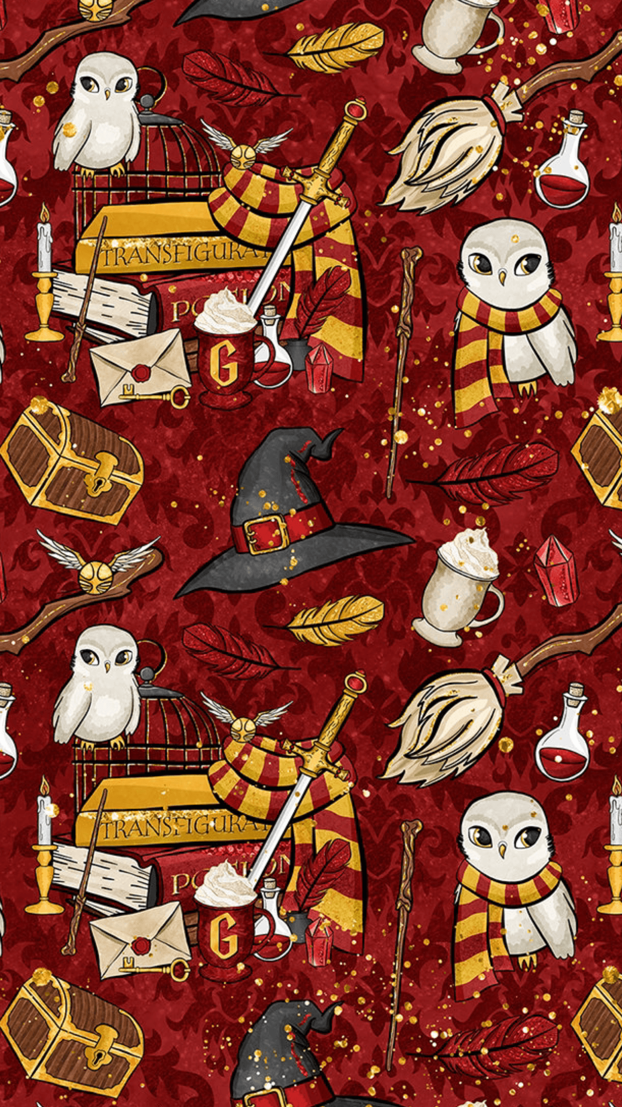 Icone Harry Potter su rosso, mondo magico, 1242x2208 Verticale, Mobile