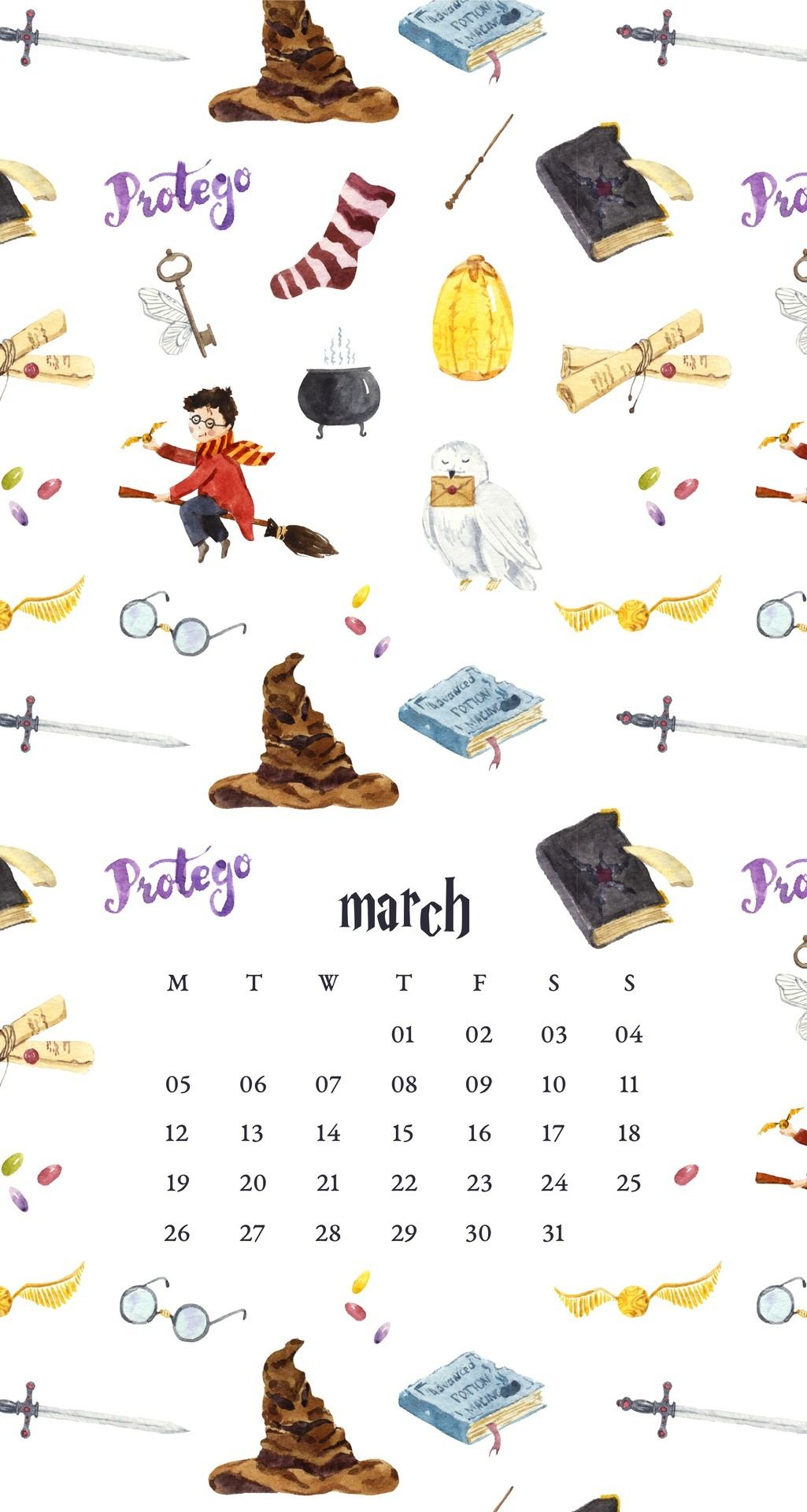 Calendario marzo Harry Potter illustrato, 1025x1920 Full HD Verticale, Smartphone