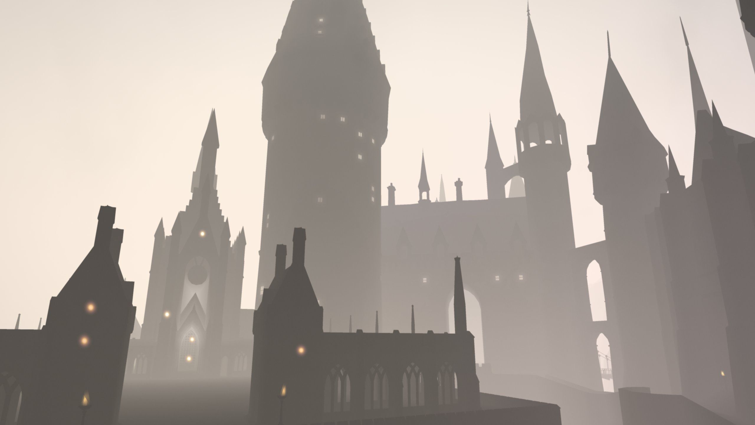 Castello Hogwarts minimalista nebbia, scuola di magia, 2560x1440 2K, Desktop