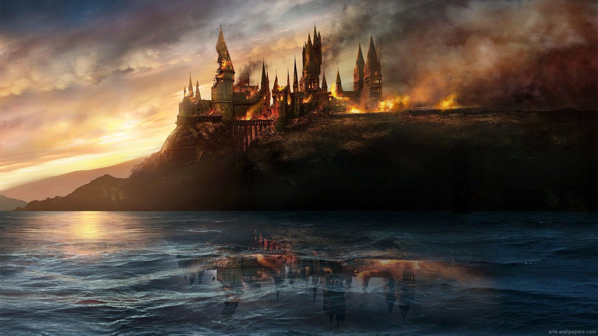 Hogwarts in fiamme al tramonto, 1920x1080 Full HD 1080p, Desktop