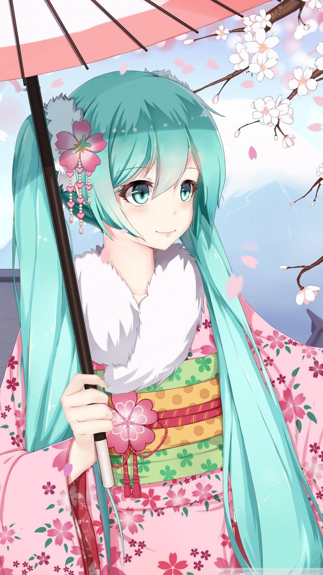 Miku Hatsune in kimono, 1080x1920 Full HD Verticale, Smartphone