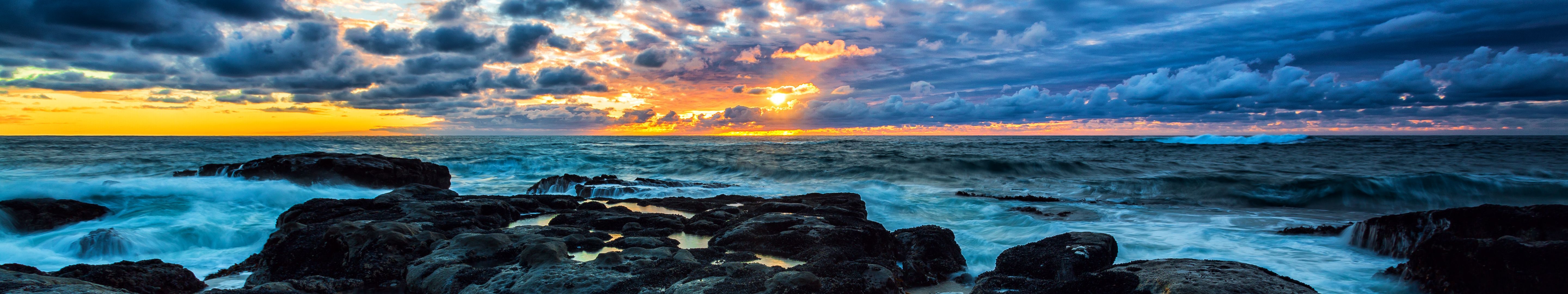 Tramonto oceano rocce panoramico, 5760x1080 Ultrawide, Dual Monitor