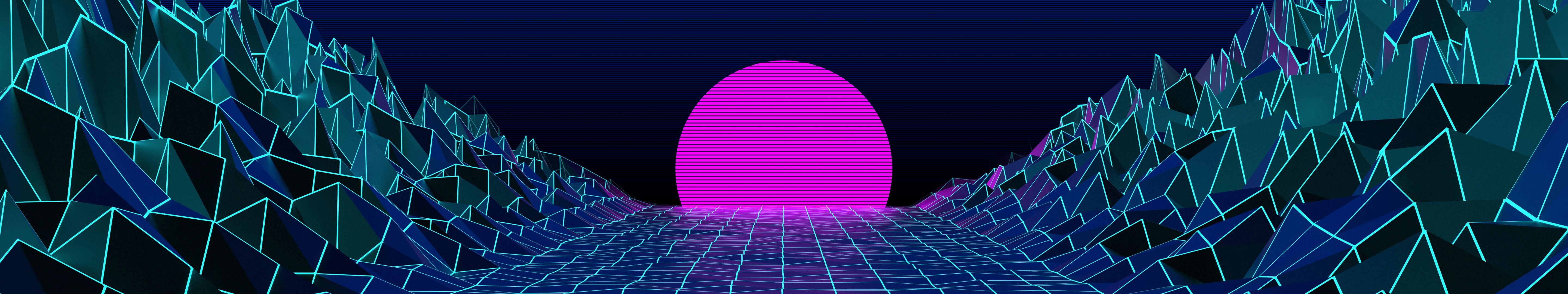 Vaporwave paesaggio neon retro, 5760x1080 Panoramico, Monitor 4K
