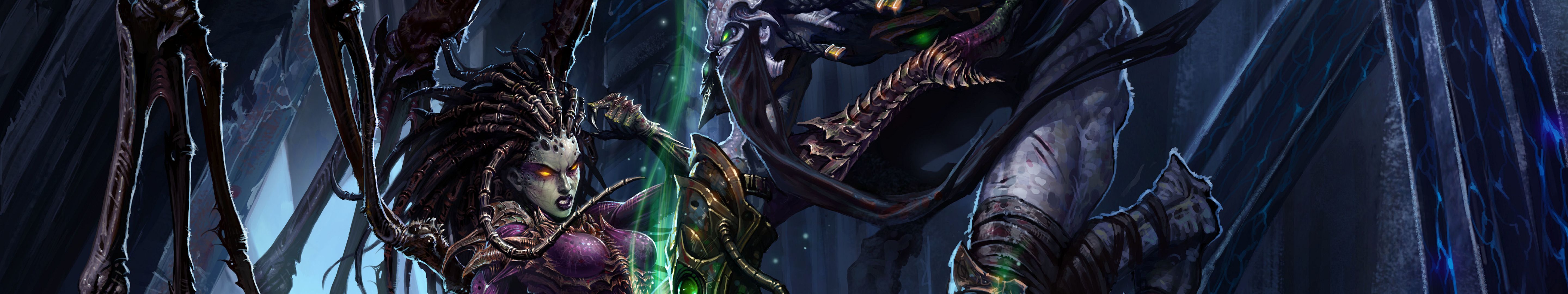 Personaggi fantasy oscuri con magia verde, 5760x1080 Panoramico, Dual Screen