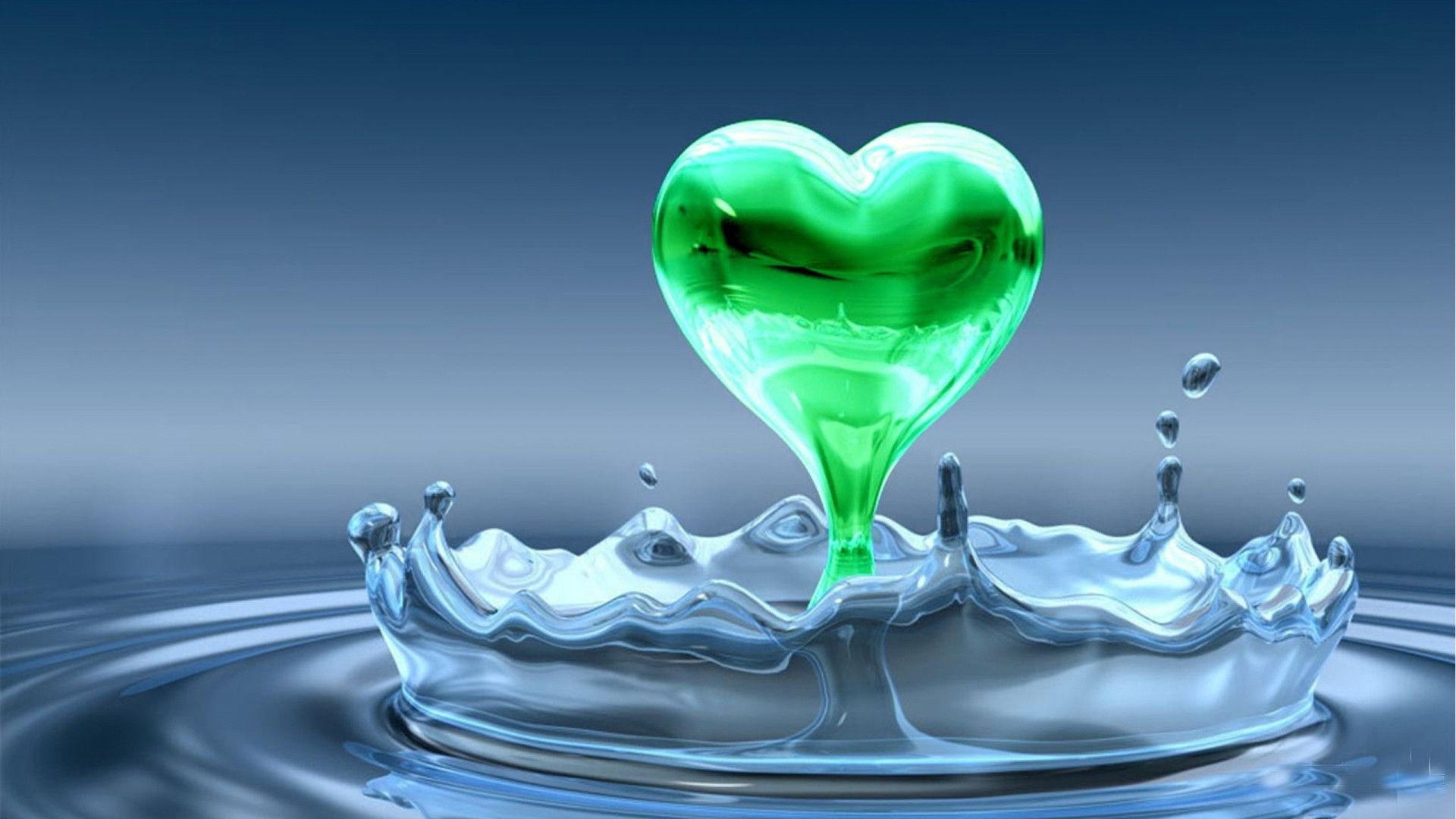 Cuore verde 3D su acqua, 1920x1080 Full HD, PC Desktop