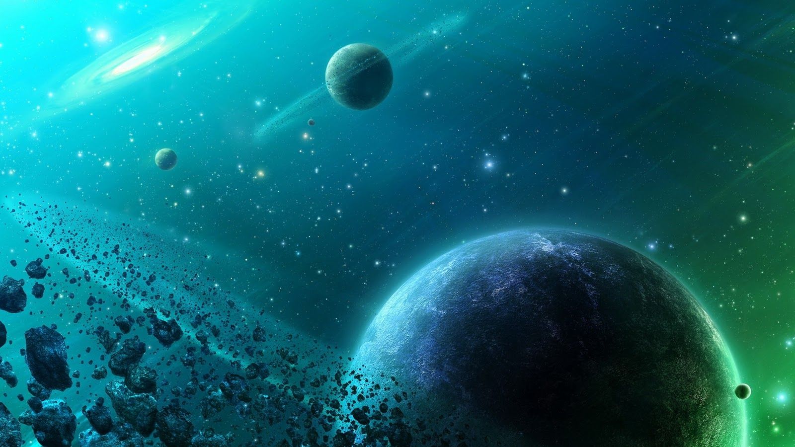 Spazio pianeti asteroidi verde-blu, 1600x900 HD Ready, Laptop