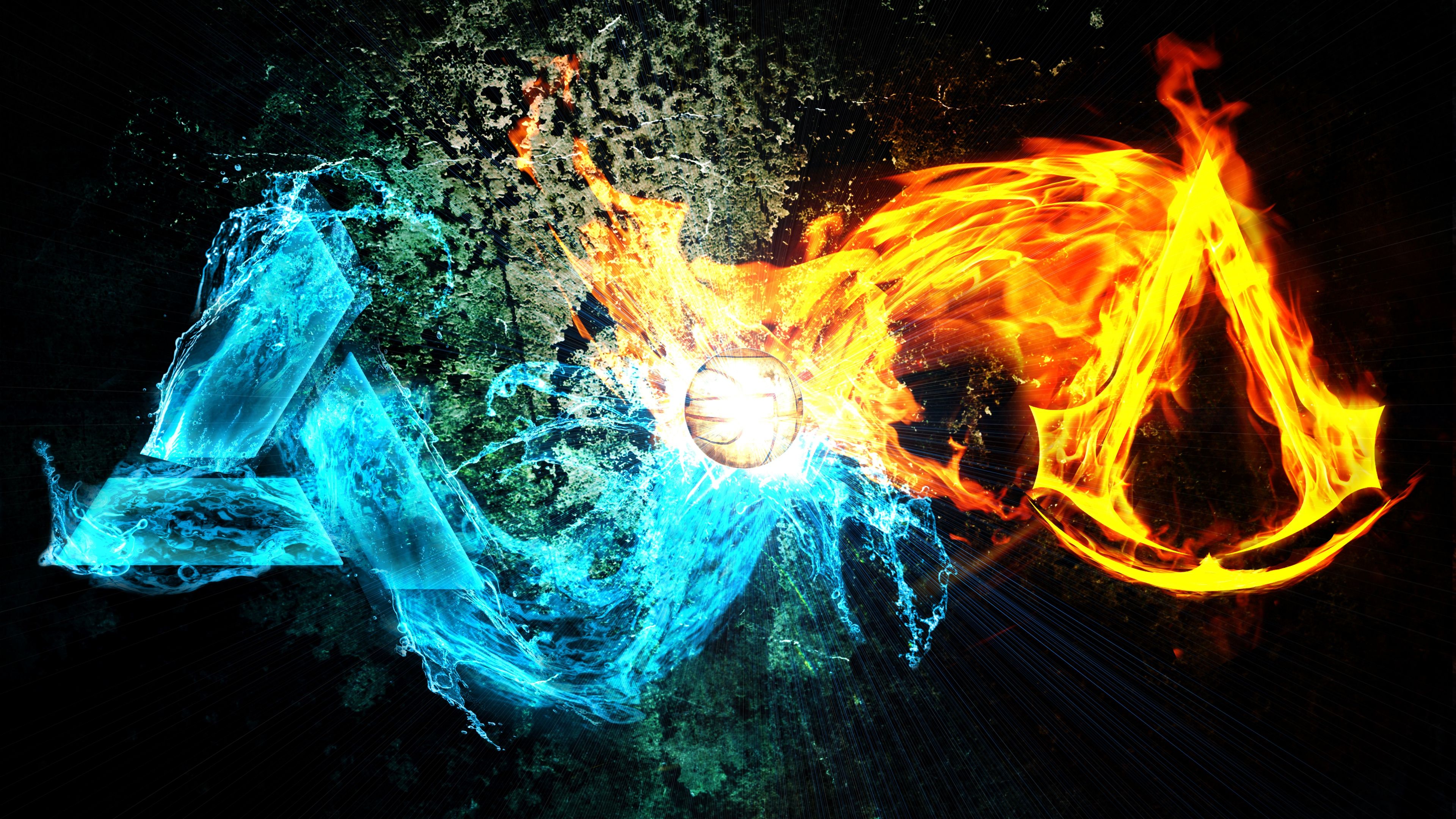 Logo Assassin's Creed fuoco ghiaccio, azione-avventura, 3840x2160 4K, Desktop 4K