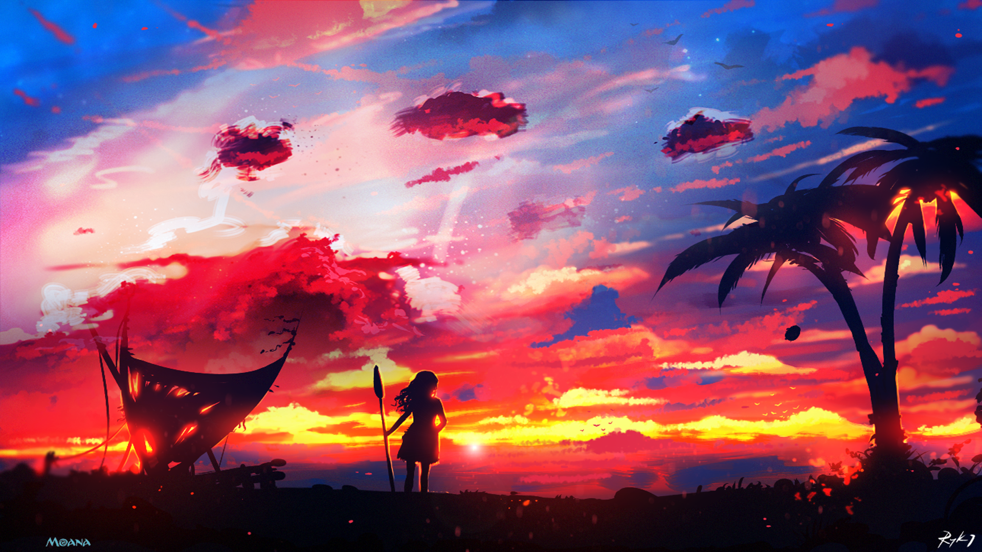 Moana tramonto silhouette barca, 1920x1080 Full HD, Laptop
