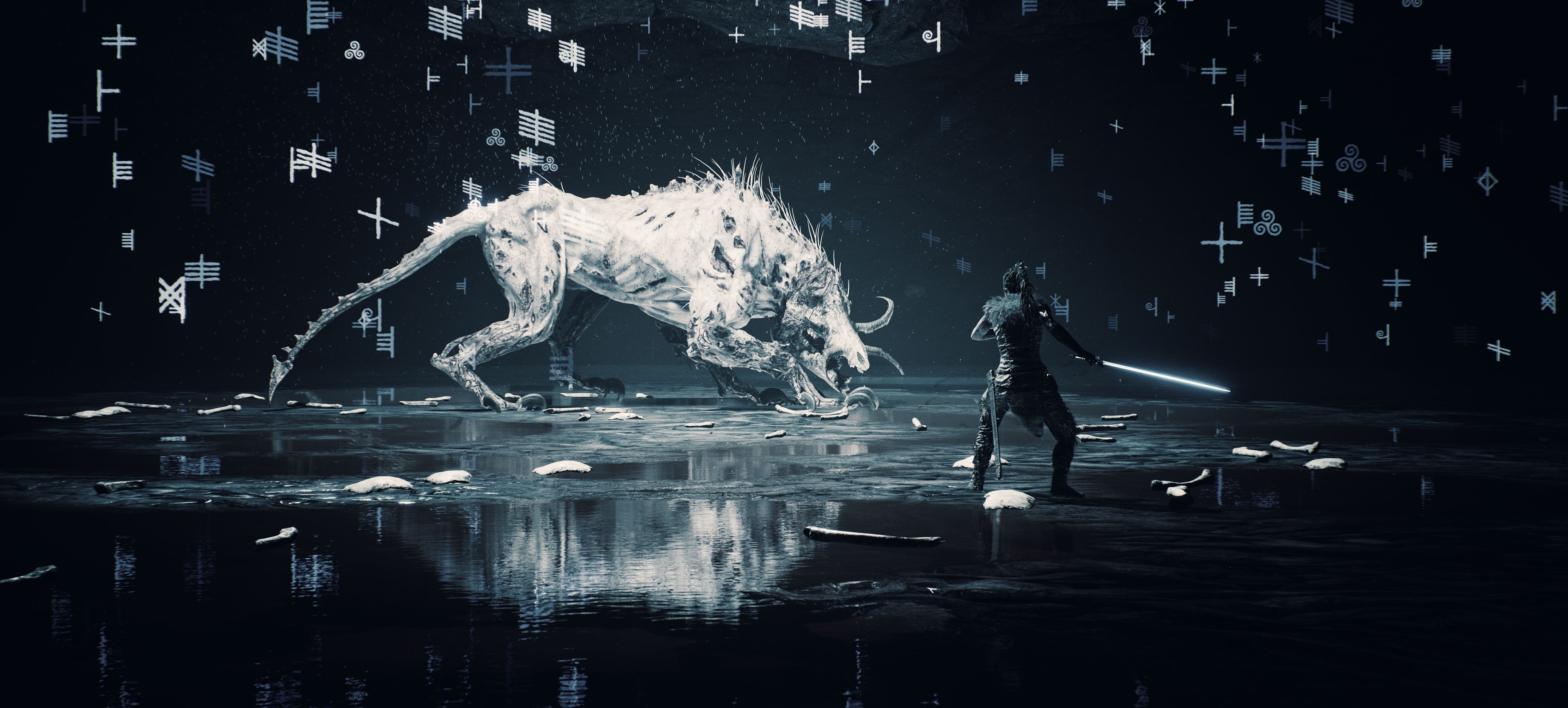 Senua e lupo spettrale, Hellblade, 4100x1850 Ultrawide, Smart TV 4K