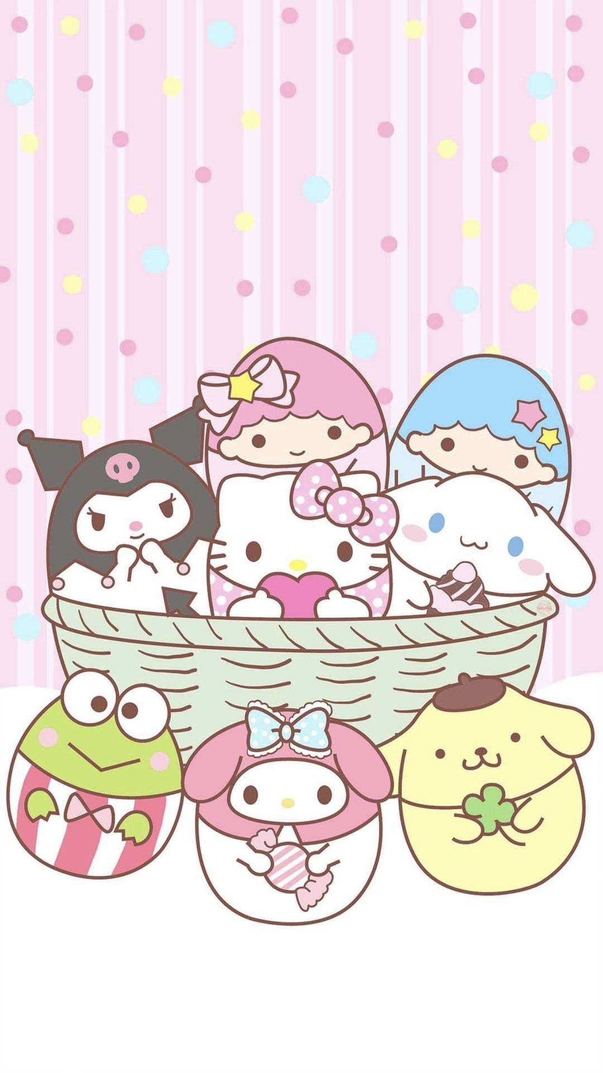 Personaggi Sanrio in cestino, personaggi kawaii giapponesi, 1242x2208 Full HD Verticale, Smartphone