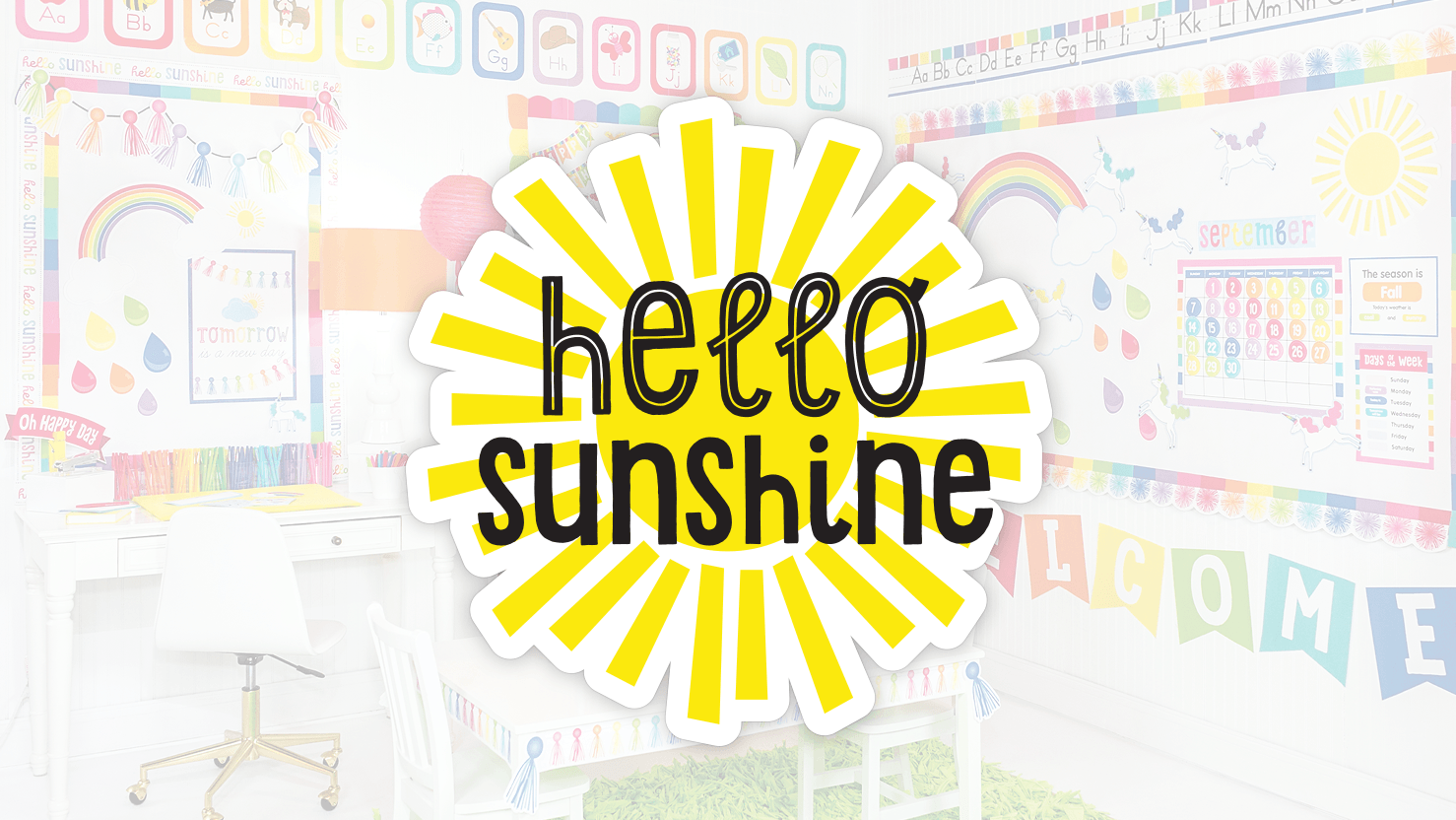 Aula colorata con testo Hello Sunshine, 1478x832 720p, PC