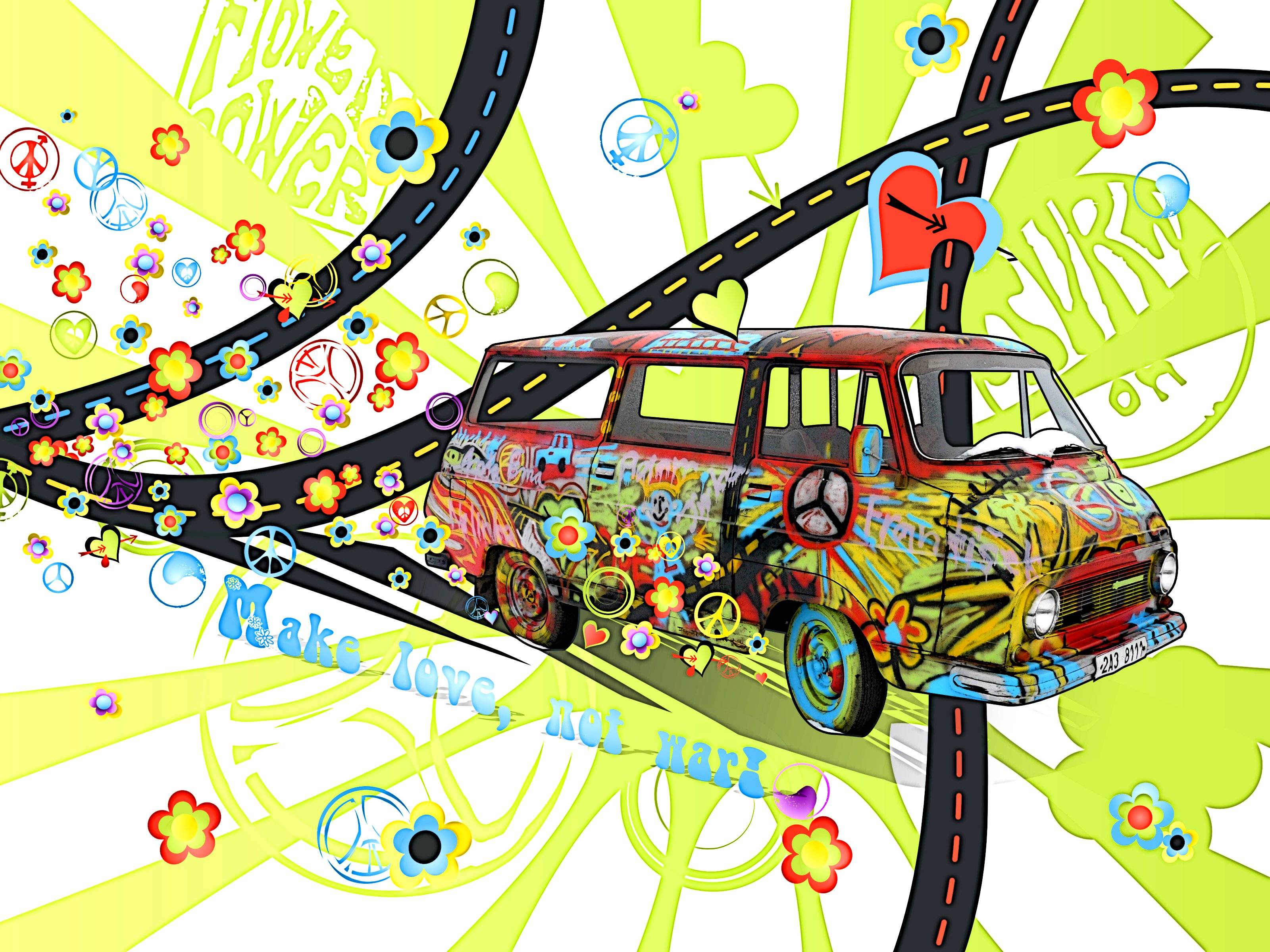 Furgone hippie colorato fiori, 3200x2400 2K, PC