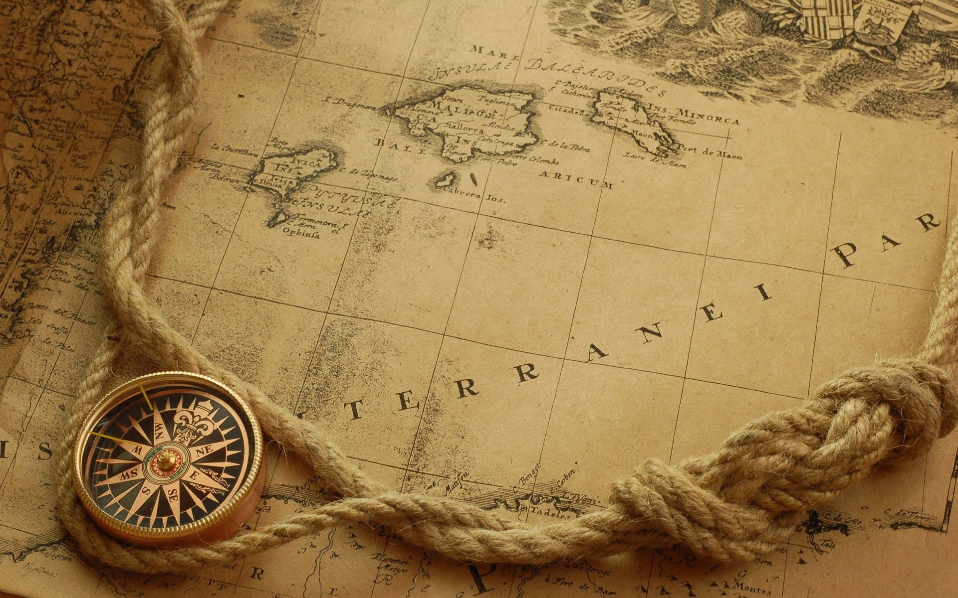 Mappa antica con bussola e corda, 1920x1200 WUXGA, PC