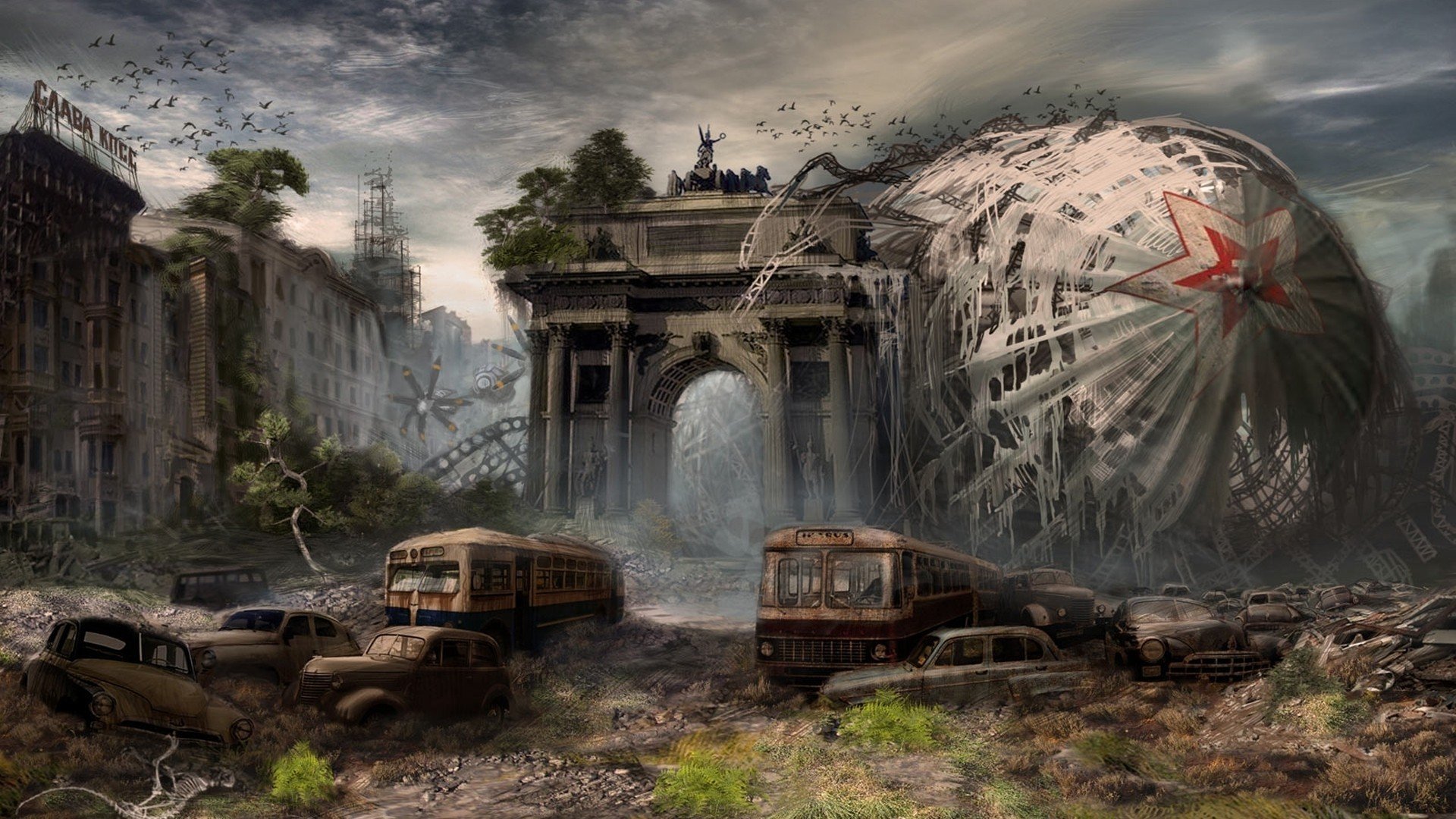 Città distrutta arco trionfale dirigibile, 1920x1080 1080p, Desktop