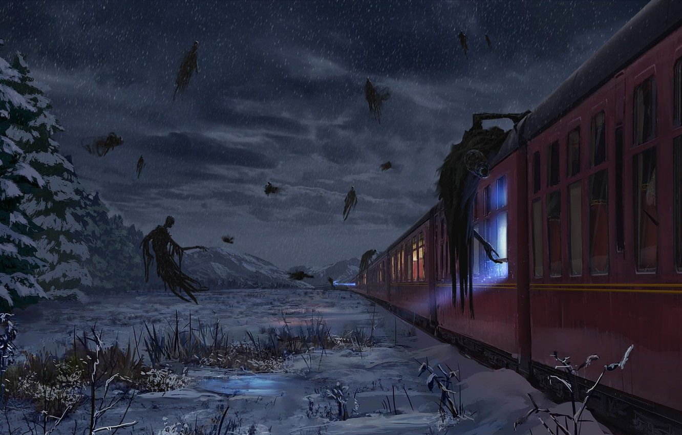Treno rosso nella neve notturna, 1332x850 HD, Desktop