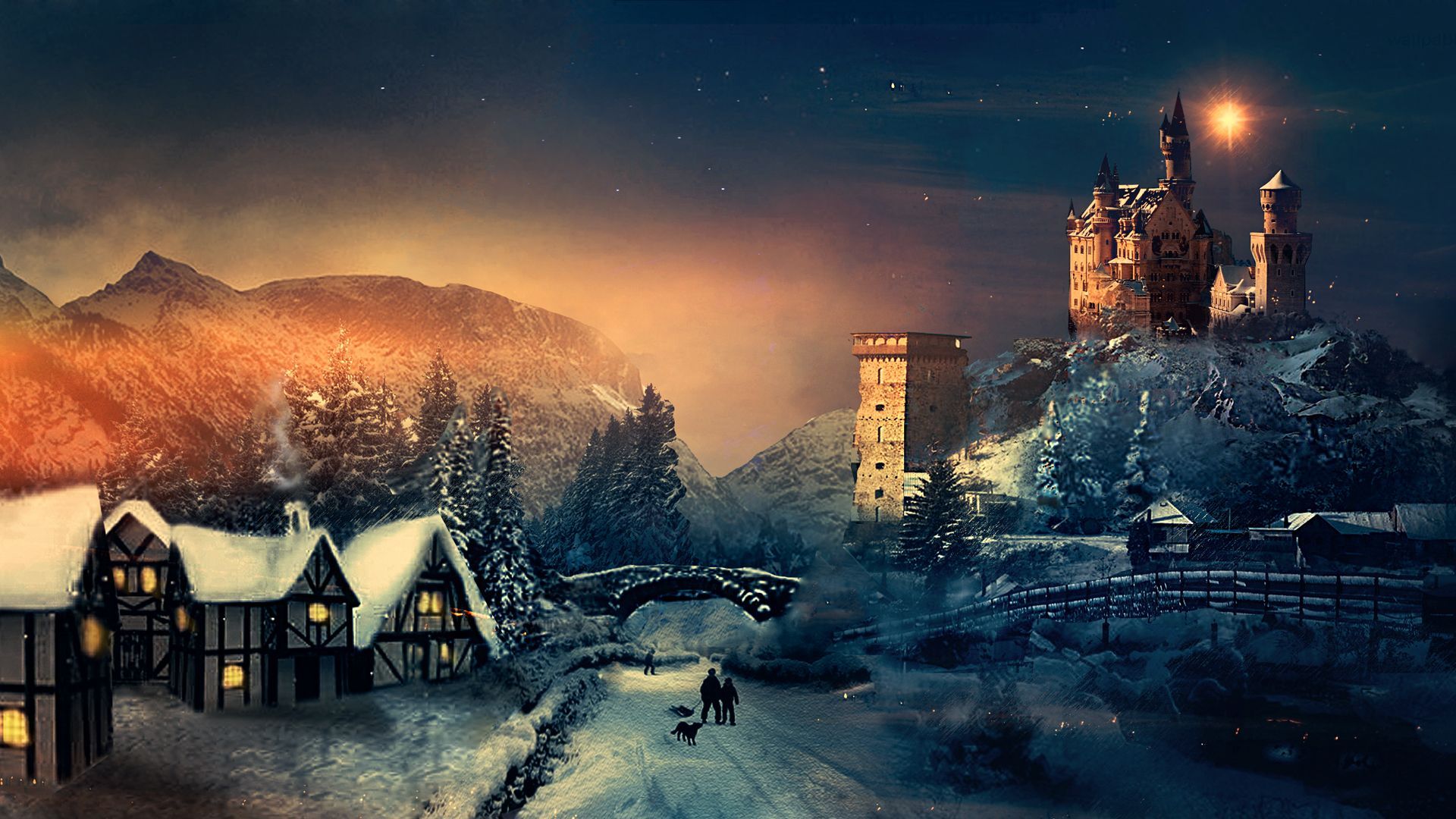 Villaggio innevato con castello, 1920x1080 1080p, PC