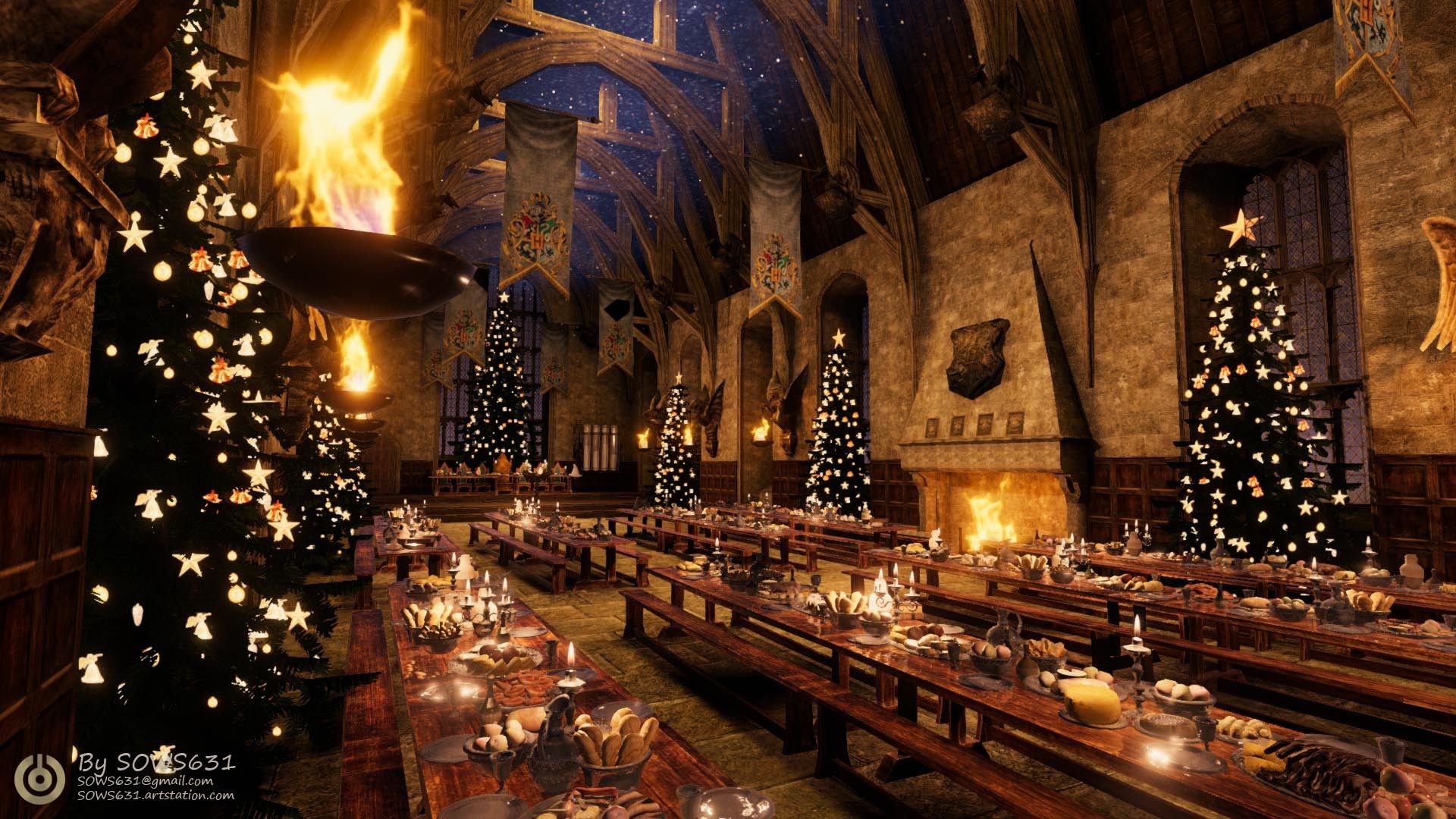 Sala Grande Hogwarts Natale, scuola di magia, 1920x1080 Full HD, PC