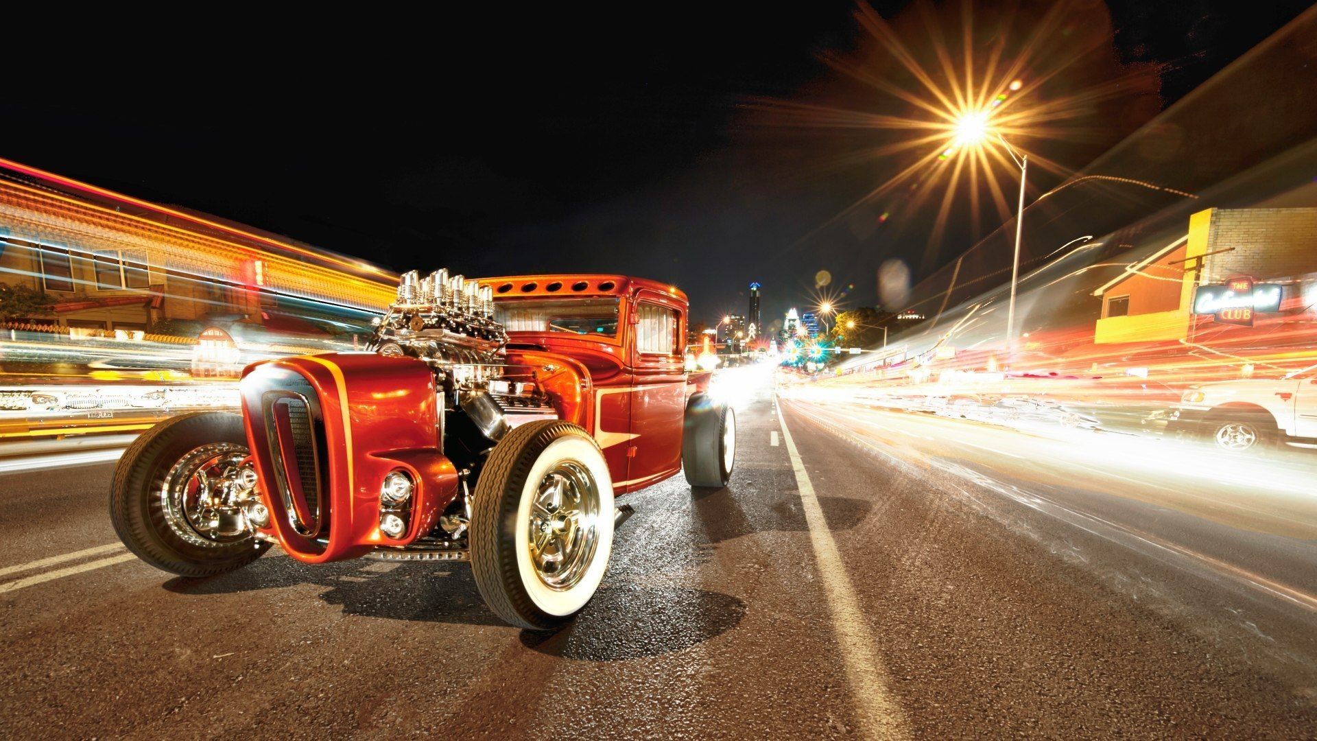 Hot rod arancione su strada notturna, 1920x1080 Full HD, PC Desktop