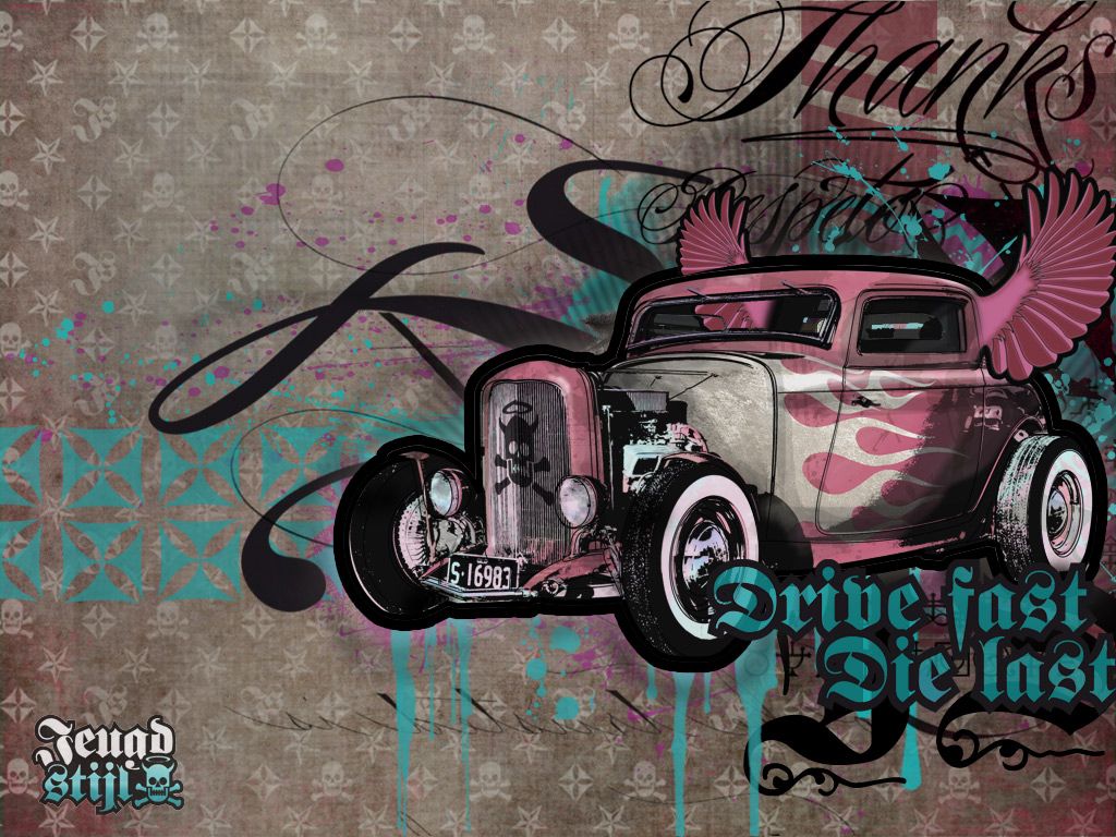 Illustrazione hot rod rosa vintage, 1024x768 HD, PC