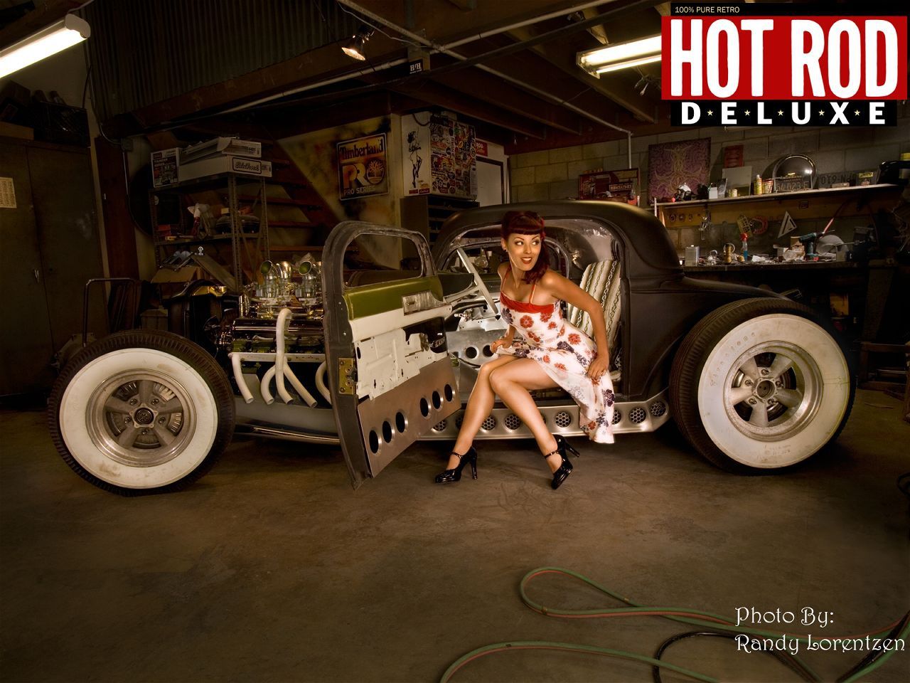 Hot rod nero con modella pin-up, 1280x960 HD, Desktop
