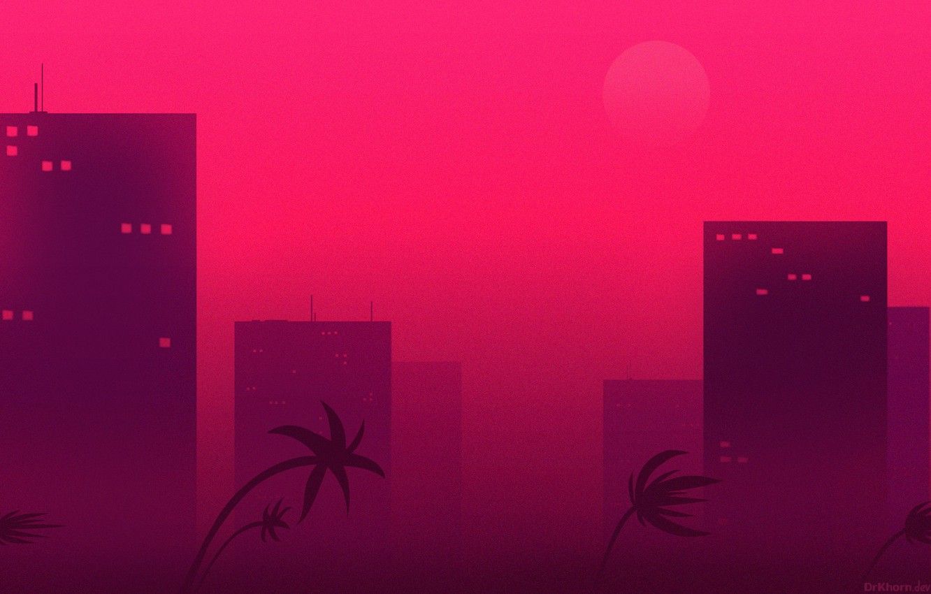 Città rosa, palme, silhouette, 1332x850 720p, PC