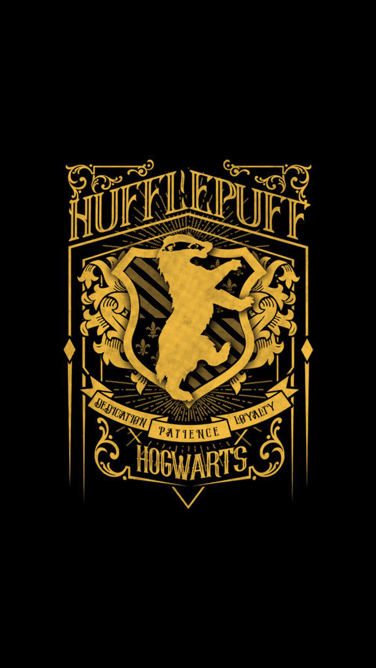 Stemma Hufflepuff Hogwarts dorato, scuola di magia, 1242x2208 Verticale, Telefono