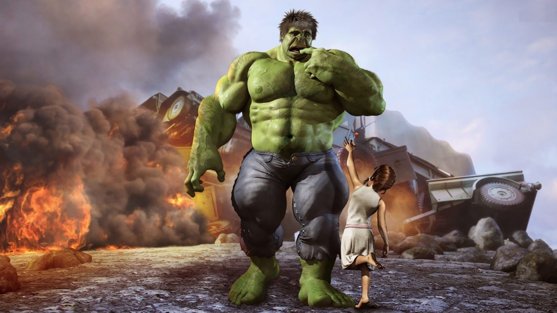 Hulk con bambina, esplosione, 1920x1080 Full HD, Laptop