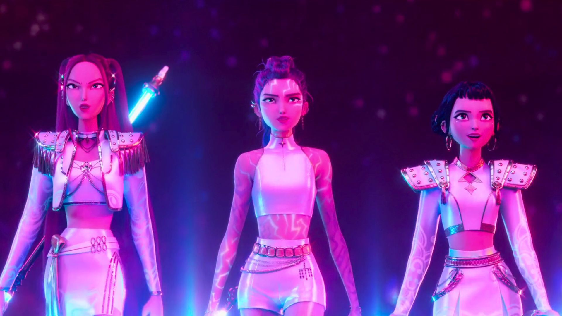 Huntrix personaggi animati luci neon, 1920x1080 Full HD 1080p, PC Desktop