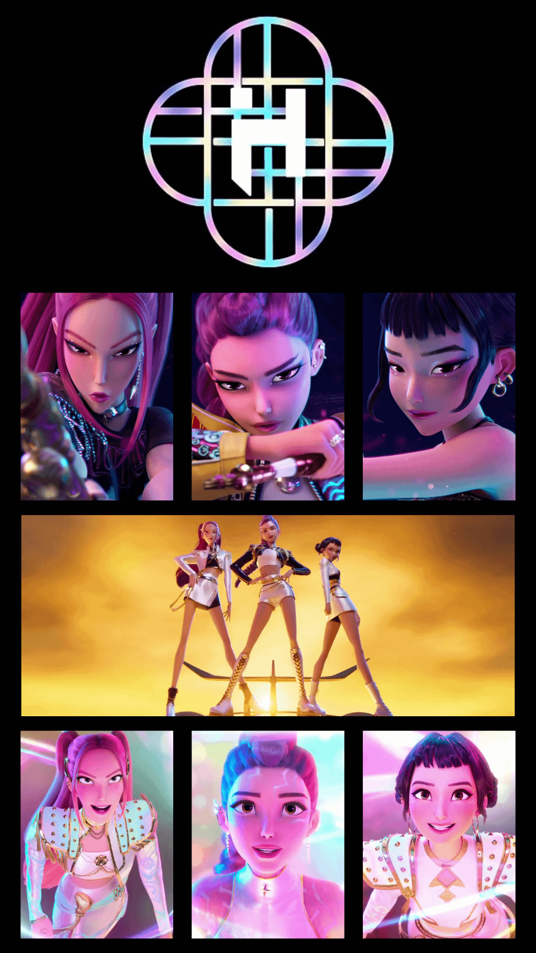 Huntrix personaggi collage animato, 1080x1920 Full HD Verticale, iPhone