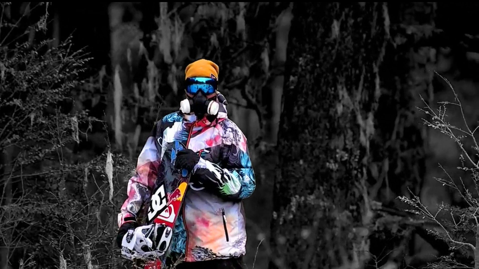 Snowboarder maschera bosco monocromo, 1920x1080 1080p, PC