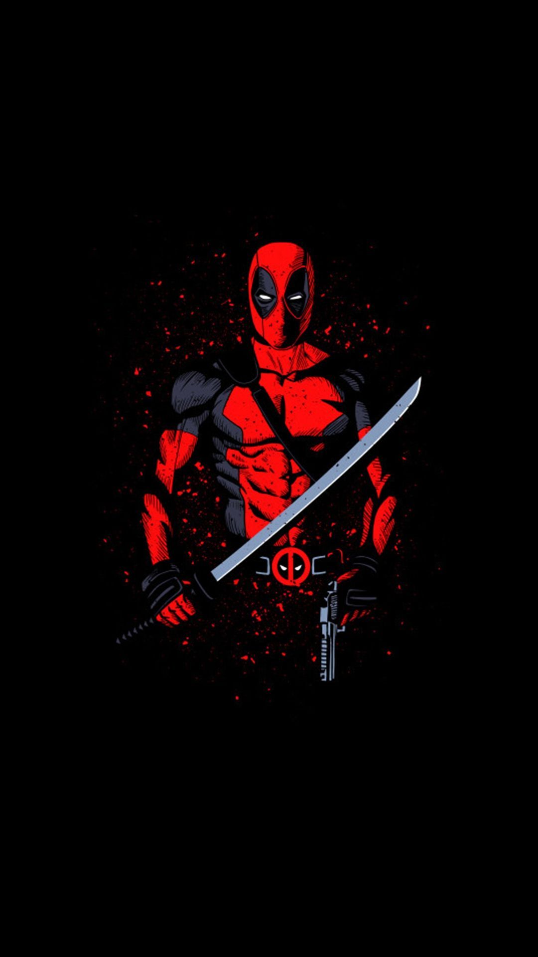 Deadpool con katana, sfondo nero, 750x1334 Verticale, iPhone