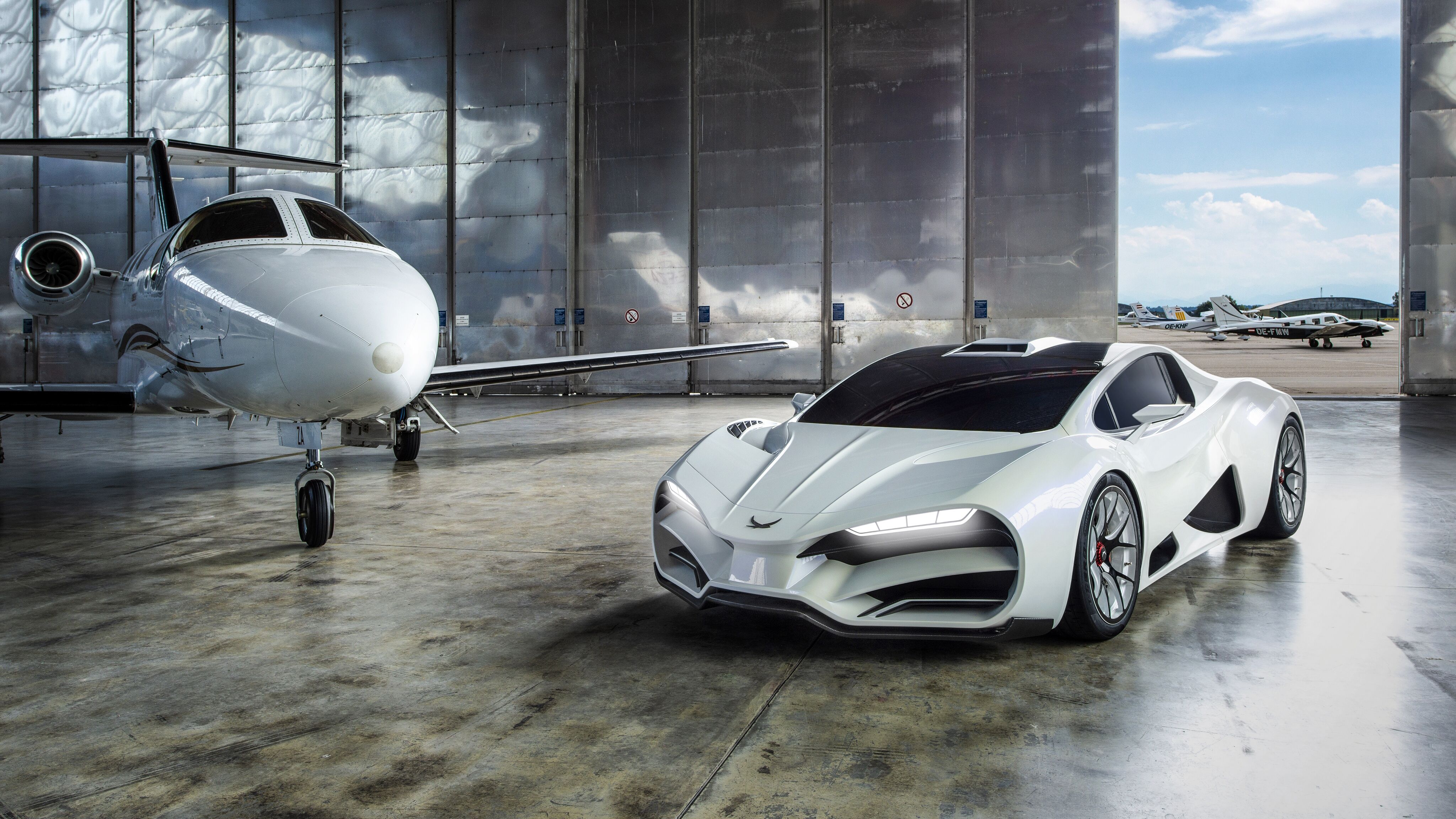 Hypercar bianca in hangar, 4096x2304 UHD, PC 4K
