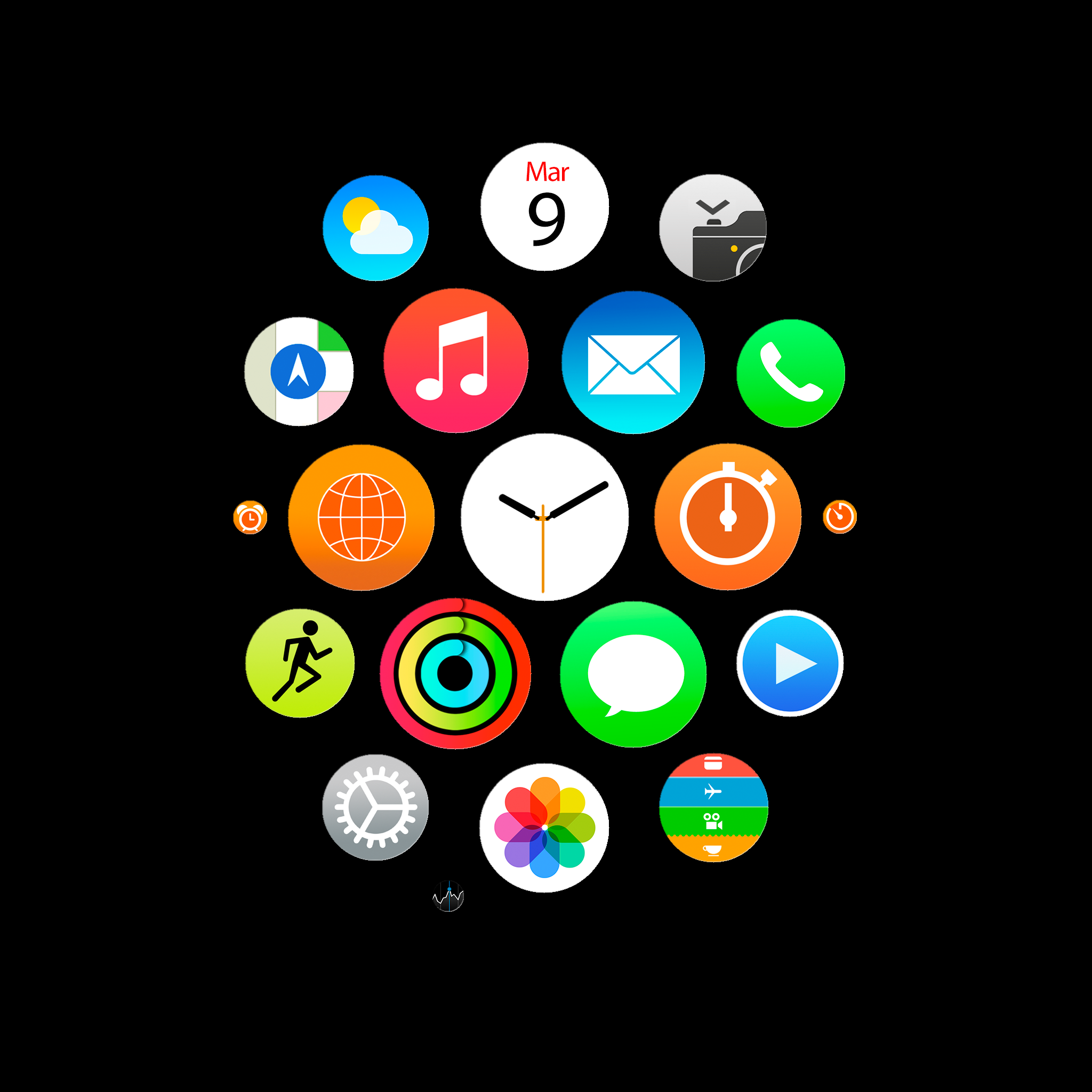 Icone app Apple Watch sfondo nero, azienda tech, 2048x2048 2K, Desktop