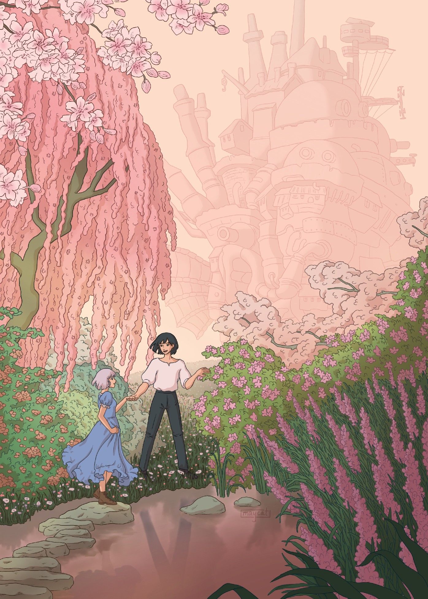 Howl e Sophie, giardino fiorito rosa, 1396x1954 Verticale, Mobile