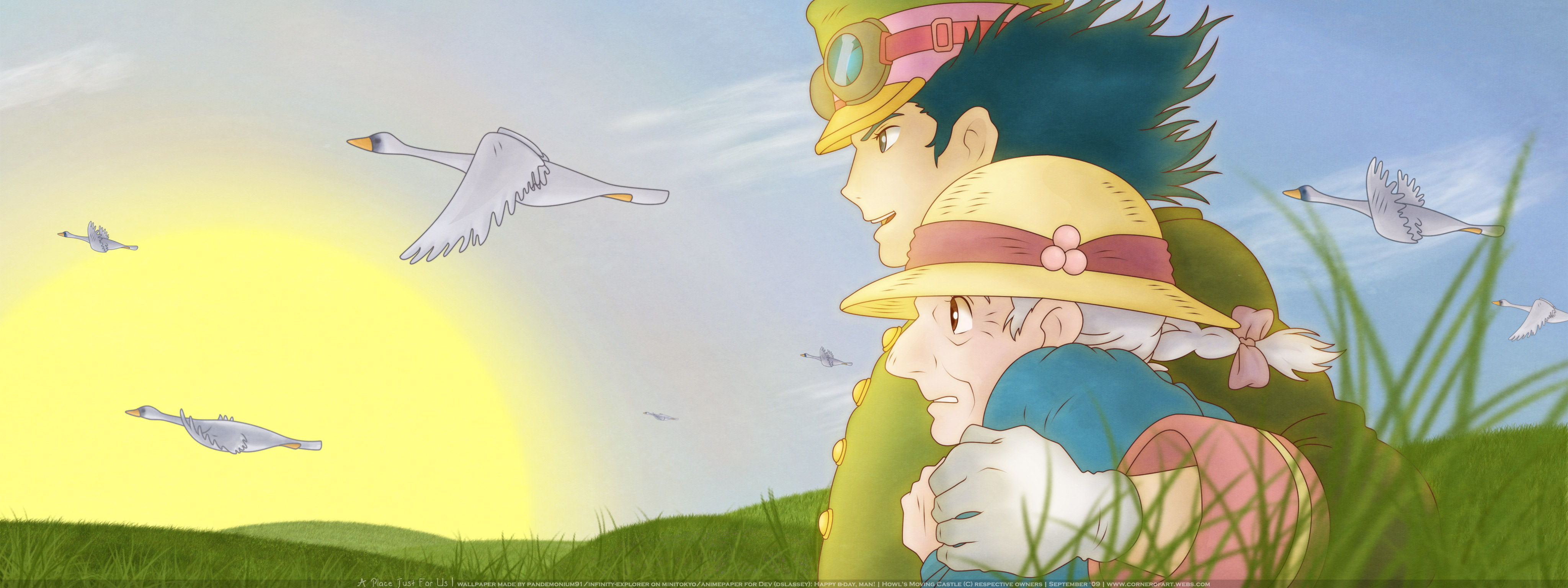 Howl e Sophie nel prato, 4096x1536 Panoramico, Dual Screen