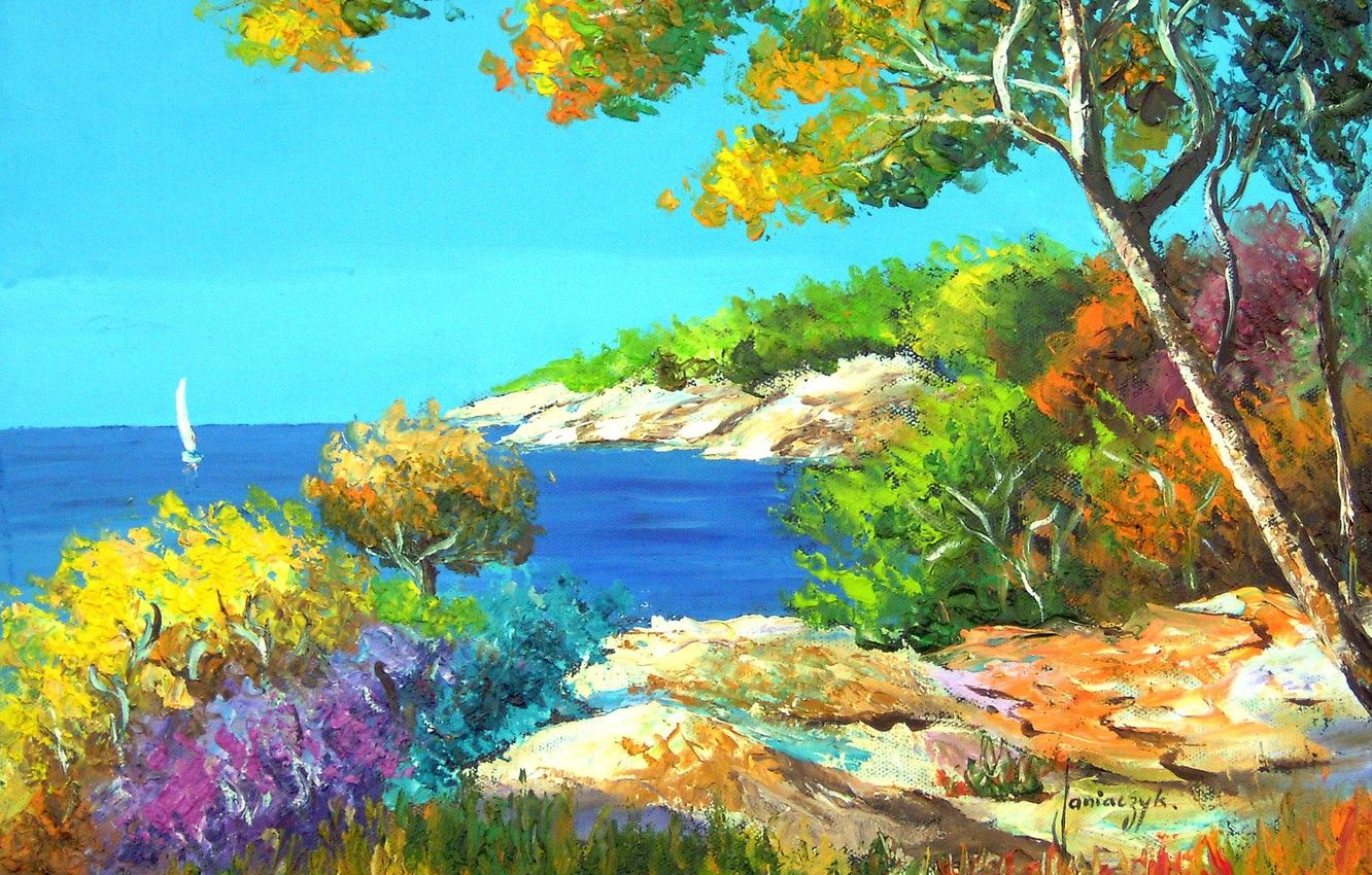 Paesaggio costiero impressionista dipinto, 1332x850 720p, Laptop