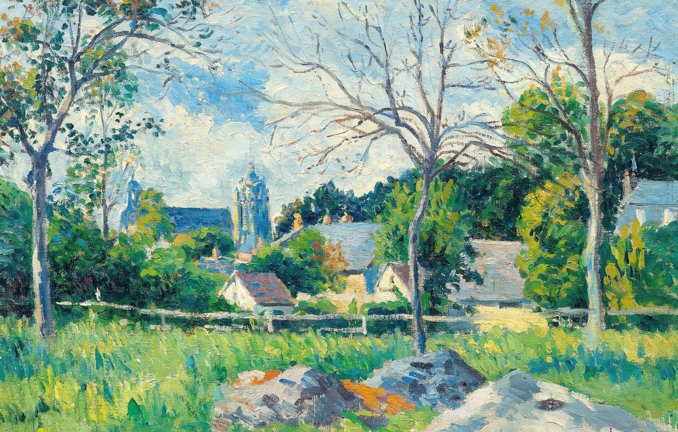 Paesaggio impressionista villaggio con alberi, 1332x850 720p, PC