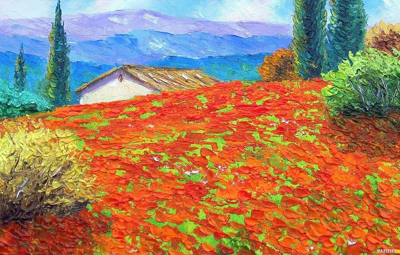 Campo di papaveri e casa, 1332x850 HD, Desktop