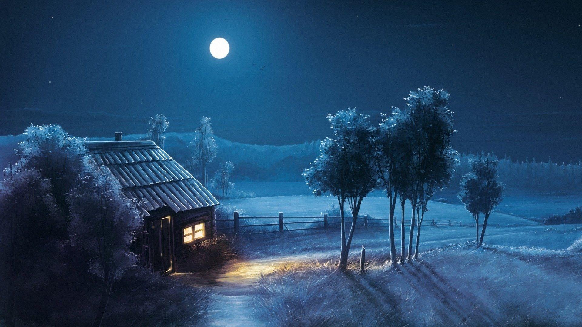 Capanna notturna con luna piena, 1920x1080 Full HD 1080p, PC Desktop